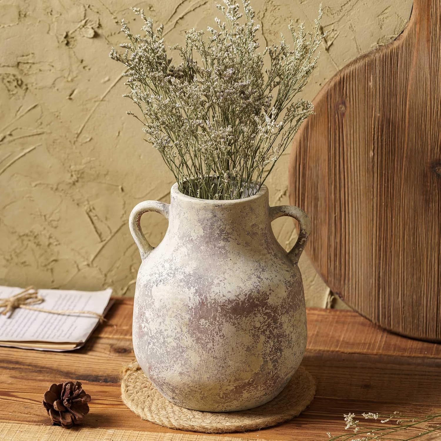 Rustic Ceramic Farmhouse Flower Vase with 2 Handles