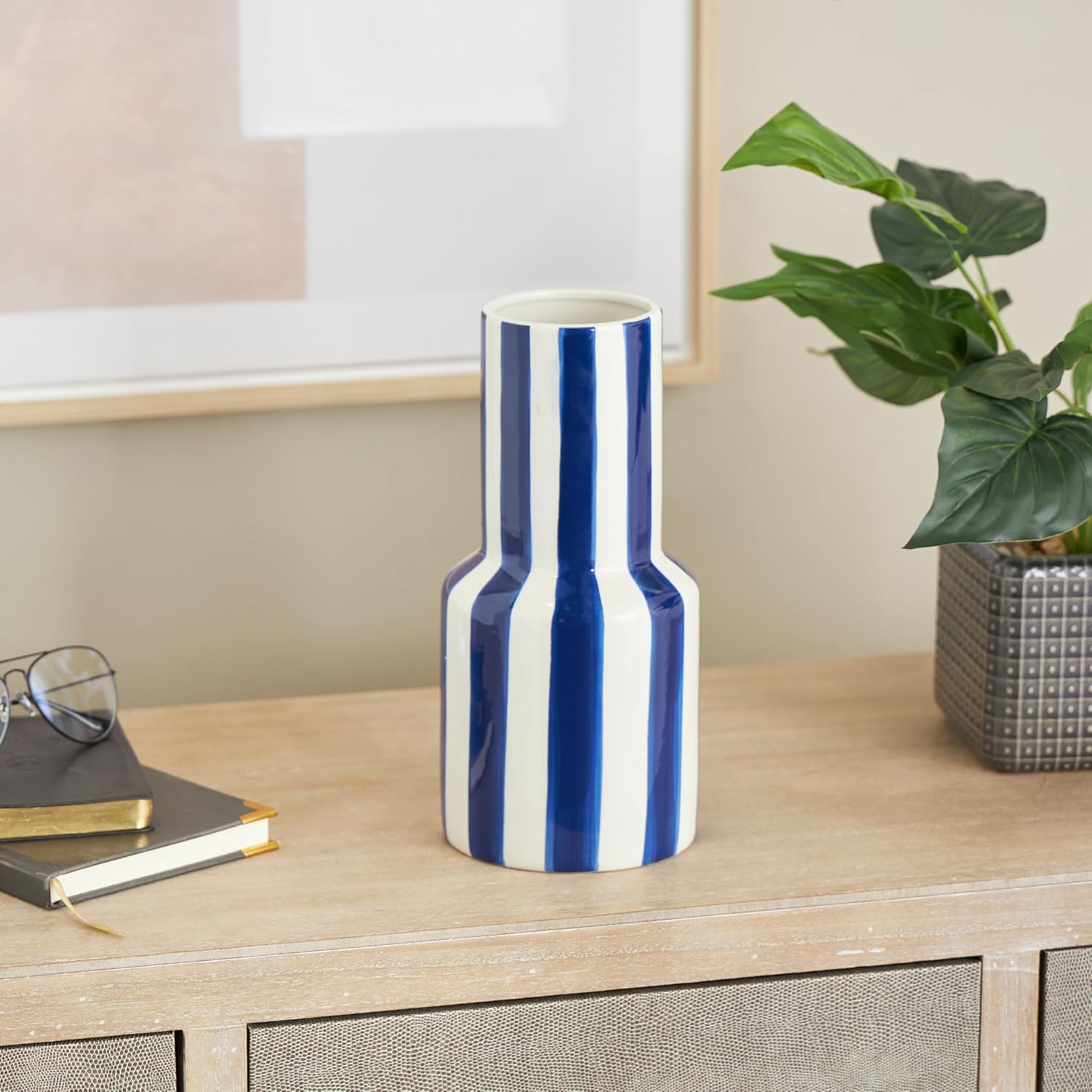 Deco 79 Modern Blue Striped Ceramic Vase