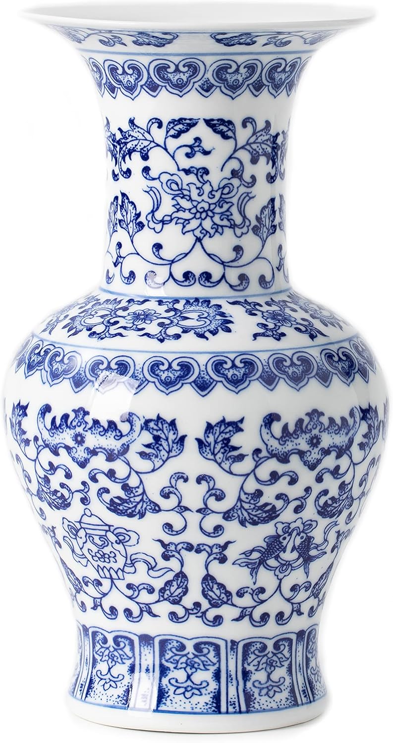 Blue and White Vase 10 Inch Ceramic Decor for Home