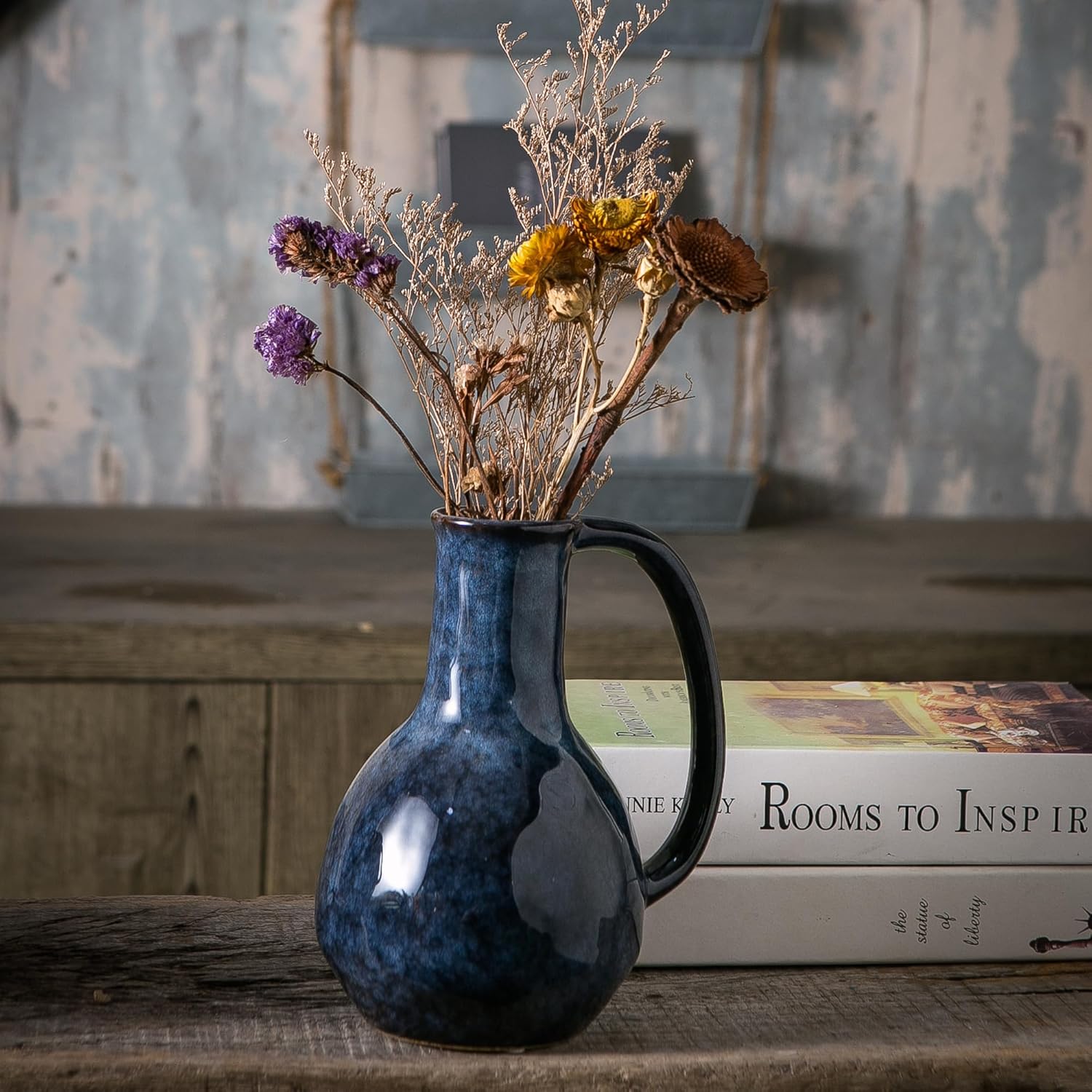 Blue Ceramic Vase with Big Handles Modern Farmhouse Decor