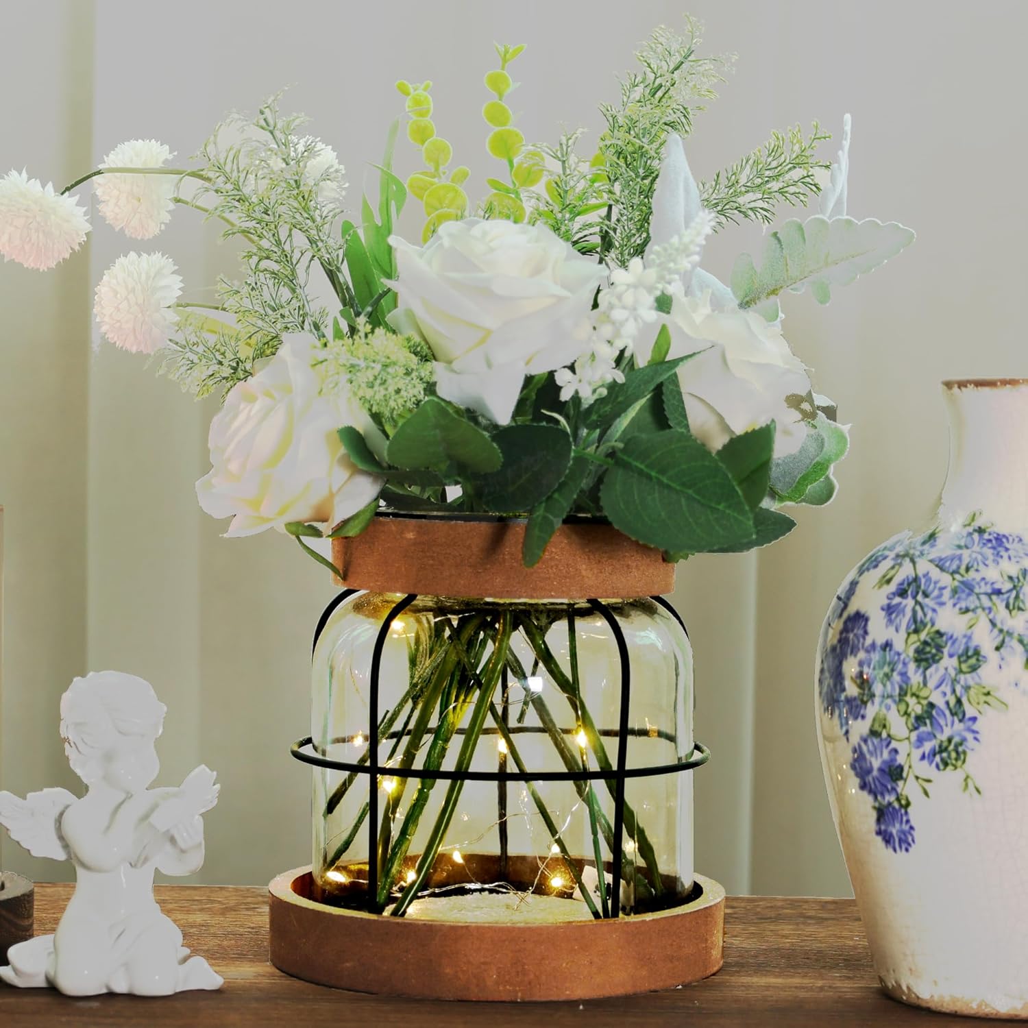 Farmhouse Vase with Artificial Flowers and Fairy Lights
