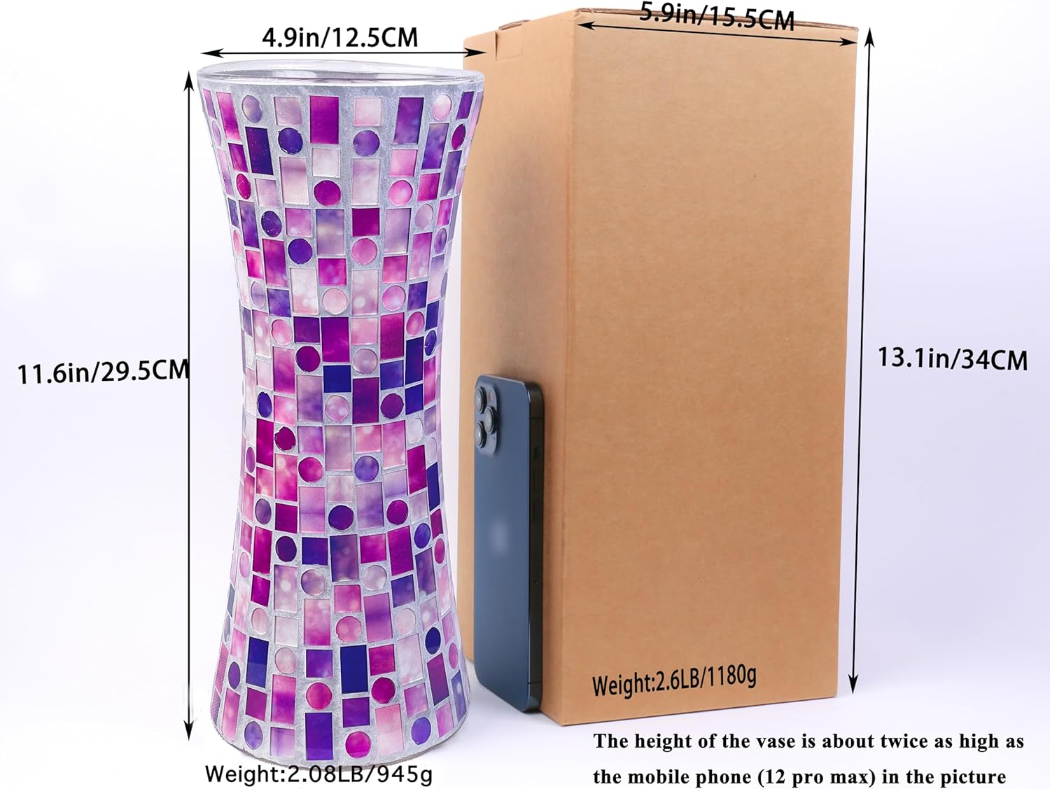 116 Inch Purple Red Mosaic Glass Vase