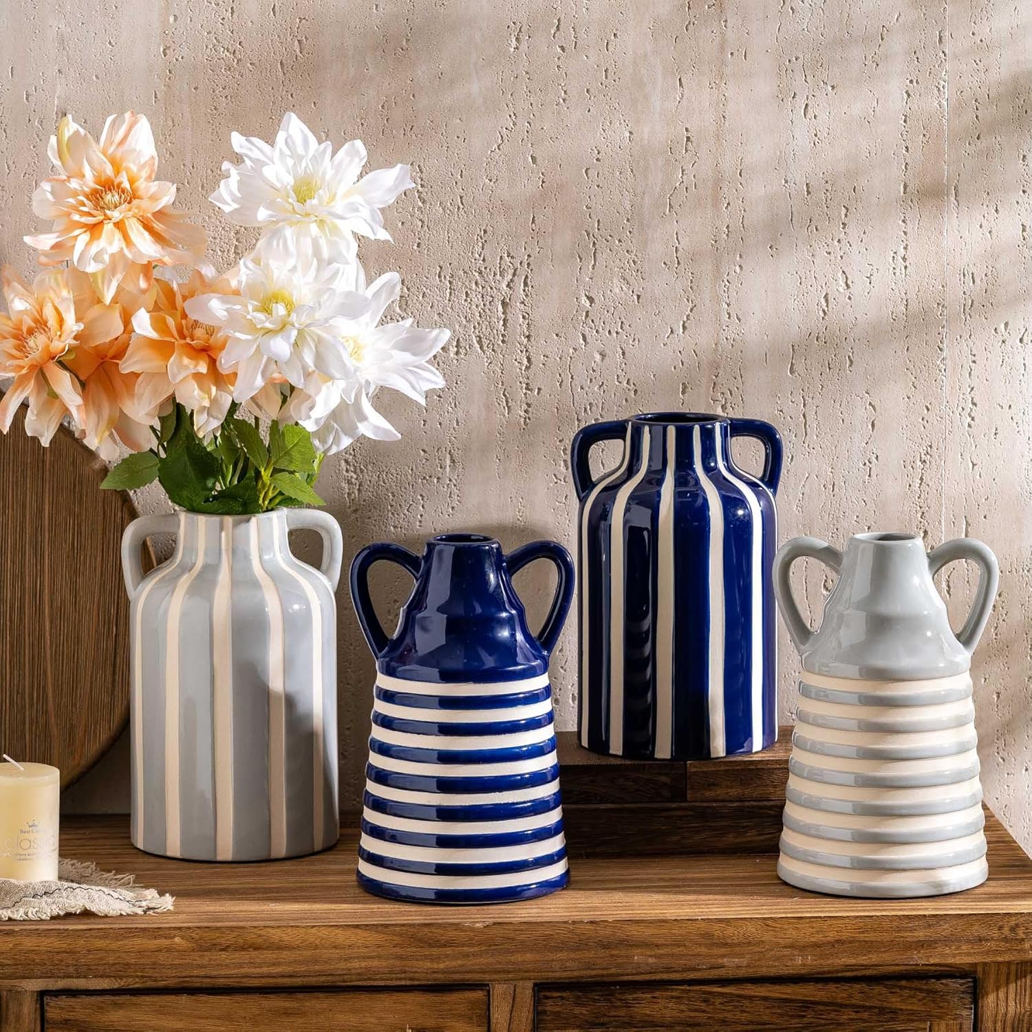 Ceramic Blue and White Striped Vase with Handles