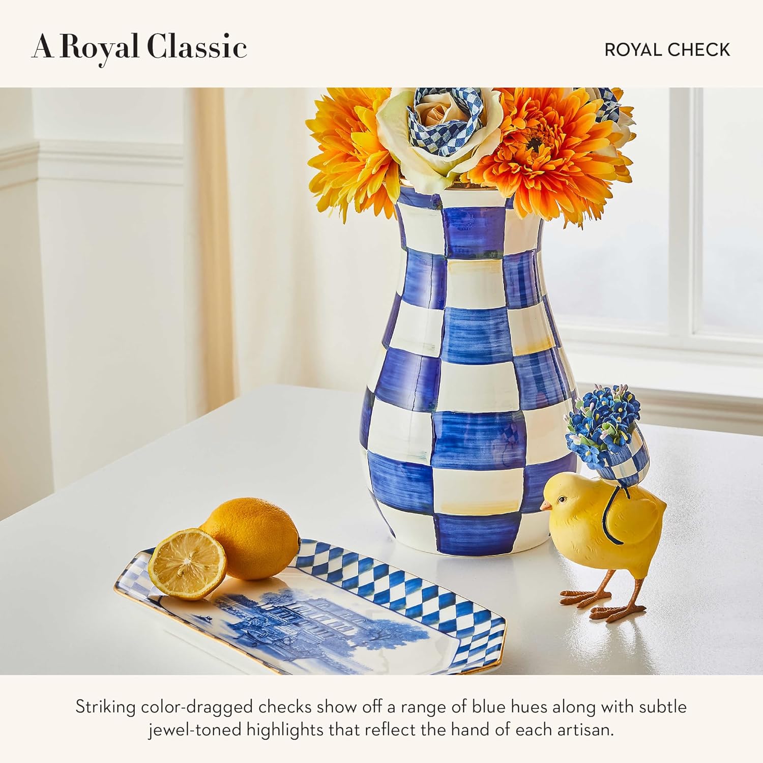 MACKENZIE-CHILDS Tall Enamel Vase Blue-and-White Royal Check