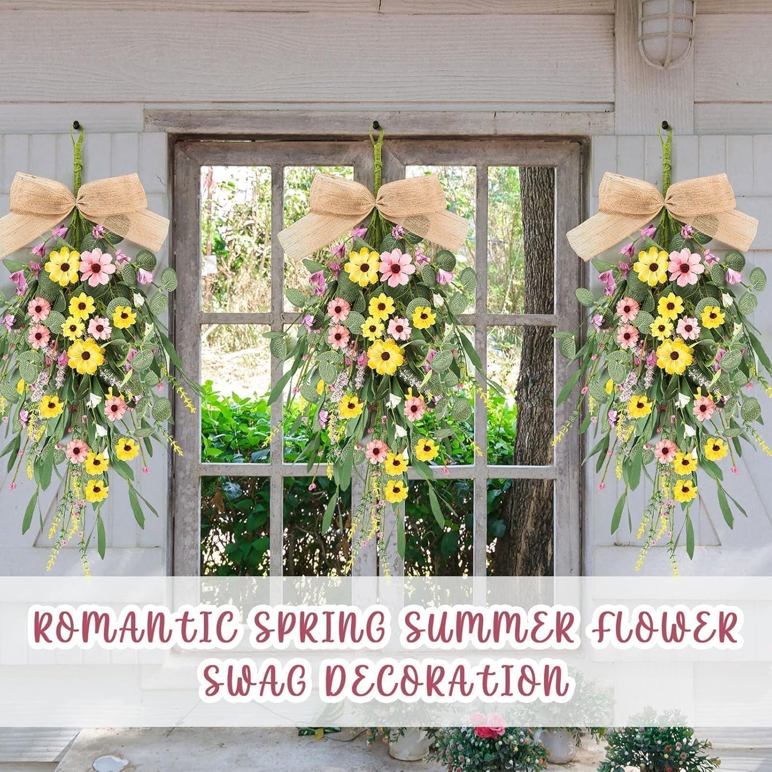 4 Pcs 24 Inch Artificial Spring Summer Wreath with Ribbon Flowers