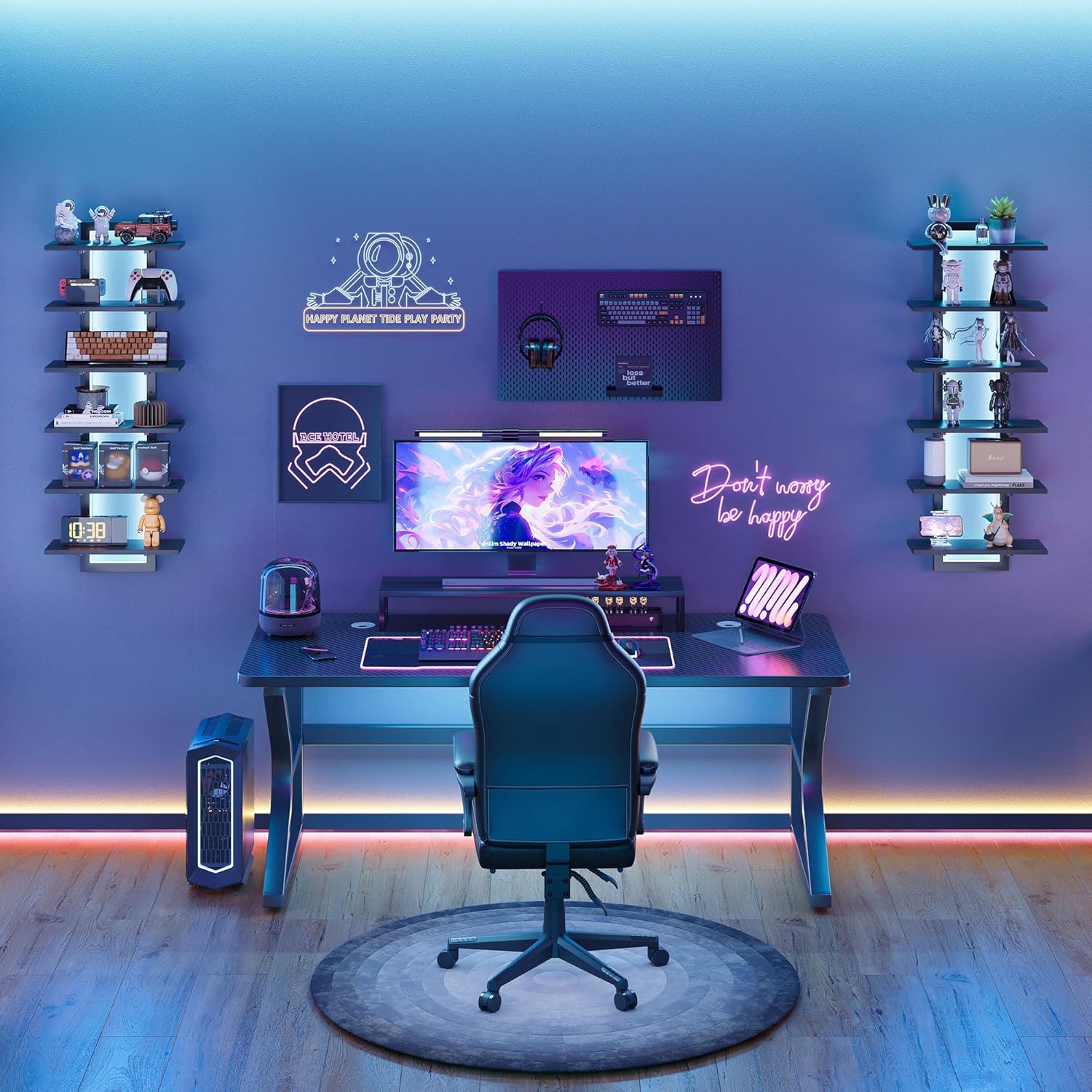 6 Tier Wall Shelf with LED Light Black Floating Shelf Unit for Home Decor and Storage