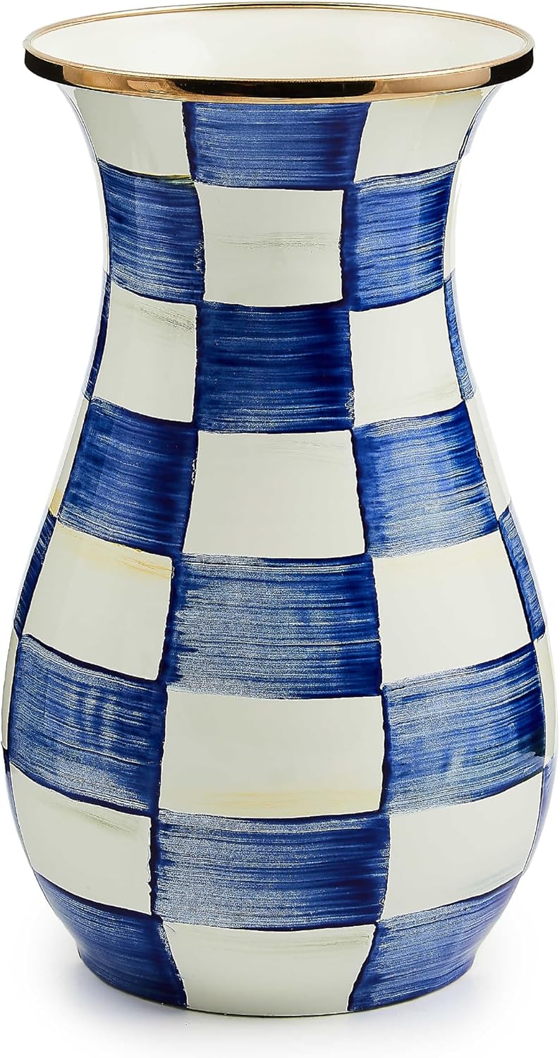 MACKENZIE-CHILDS Tall Enamel Vase Blue-and-White Royal Check