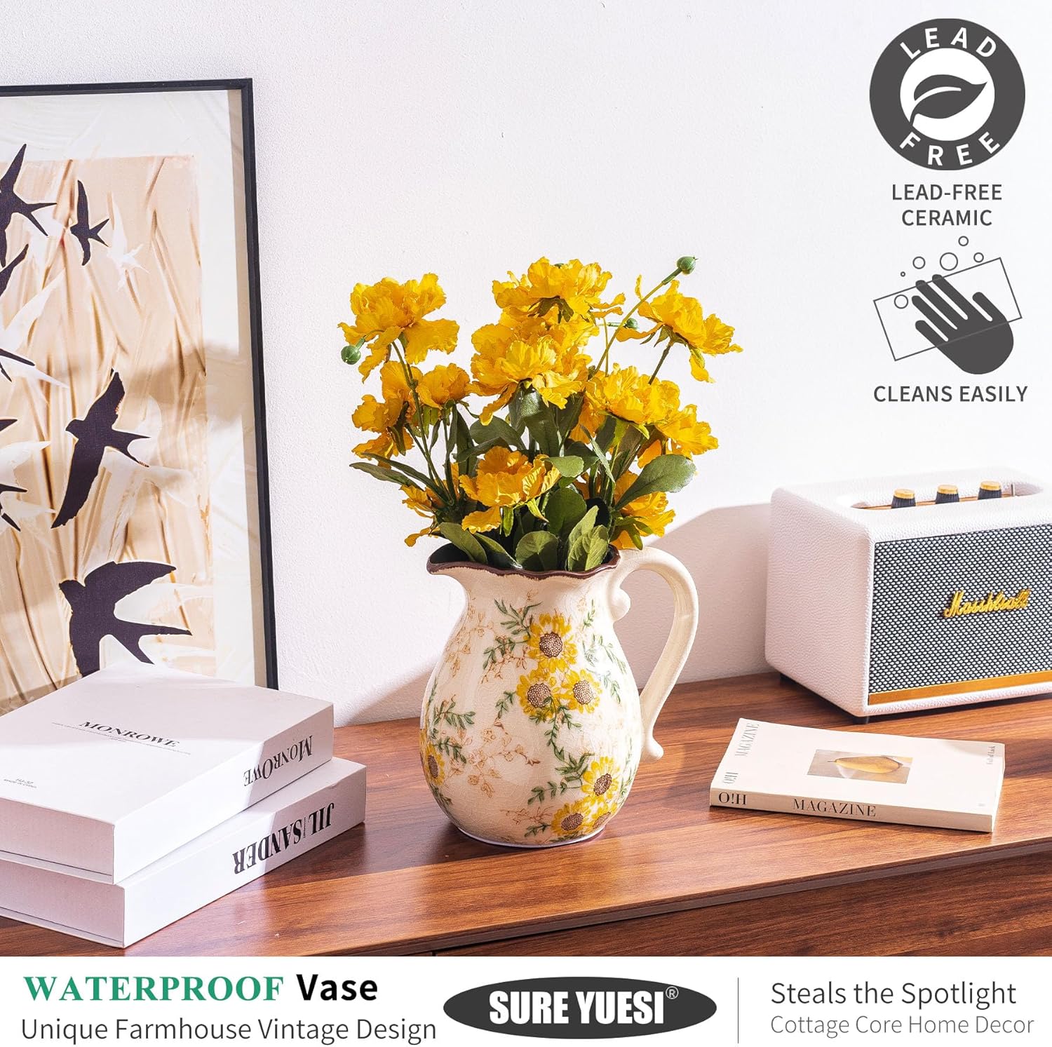 Sure Yuesi Sunflower Vintage Ceramic Vase with Handle