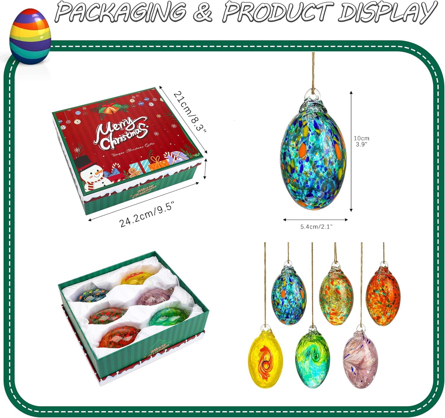 6PCS Colorful Blown Glass Egg Hanging Ornaments