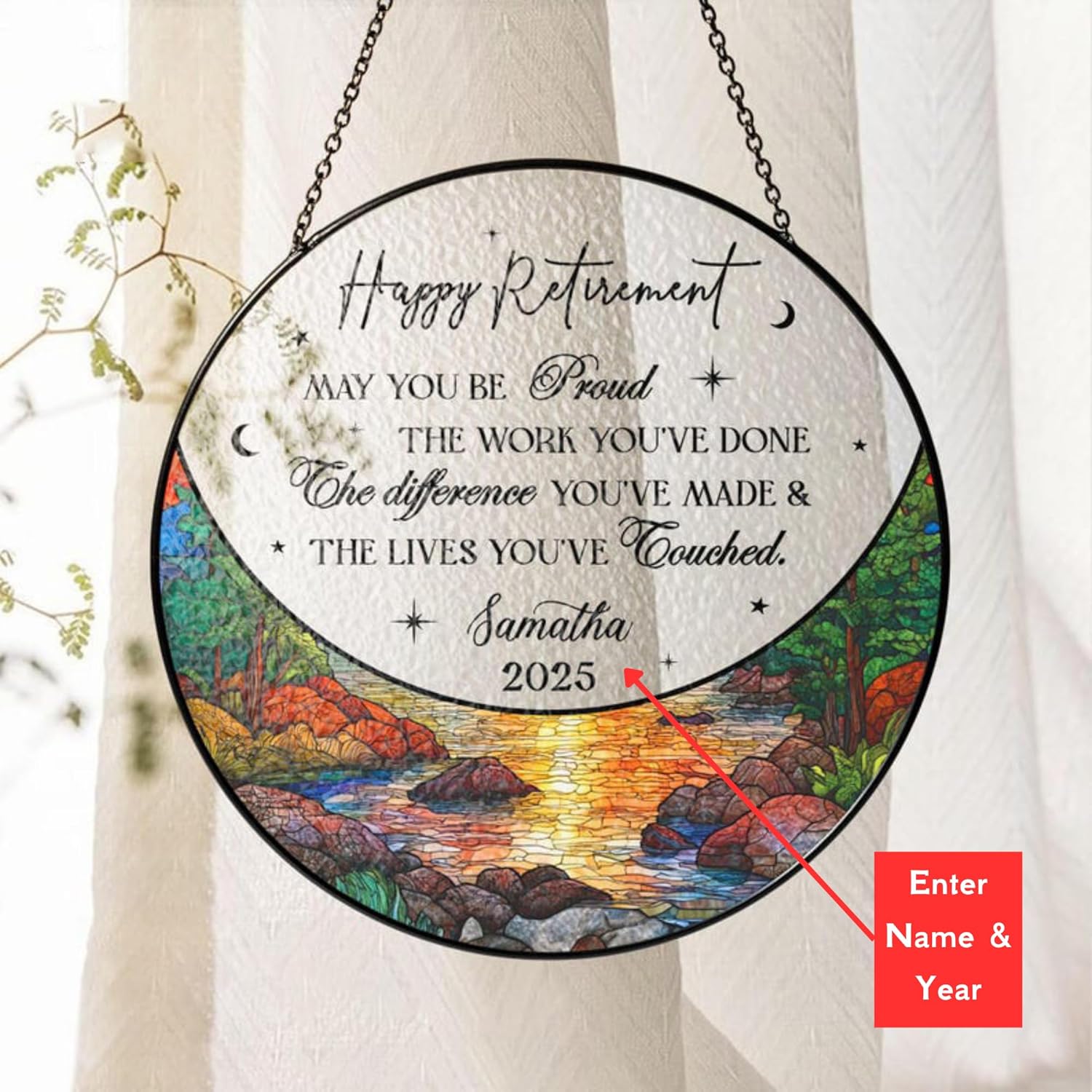 Personalized Retirement Stained Glass Suncatcher - Name Year Custom Gift
