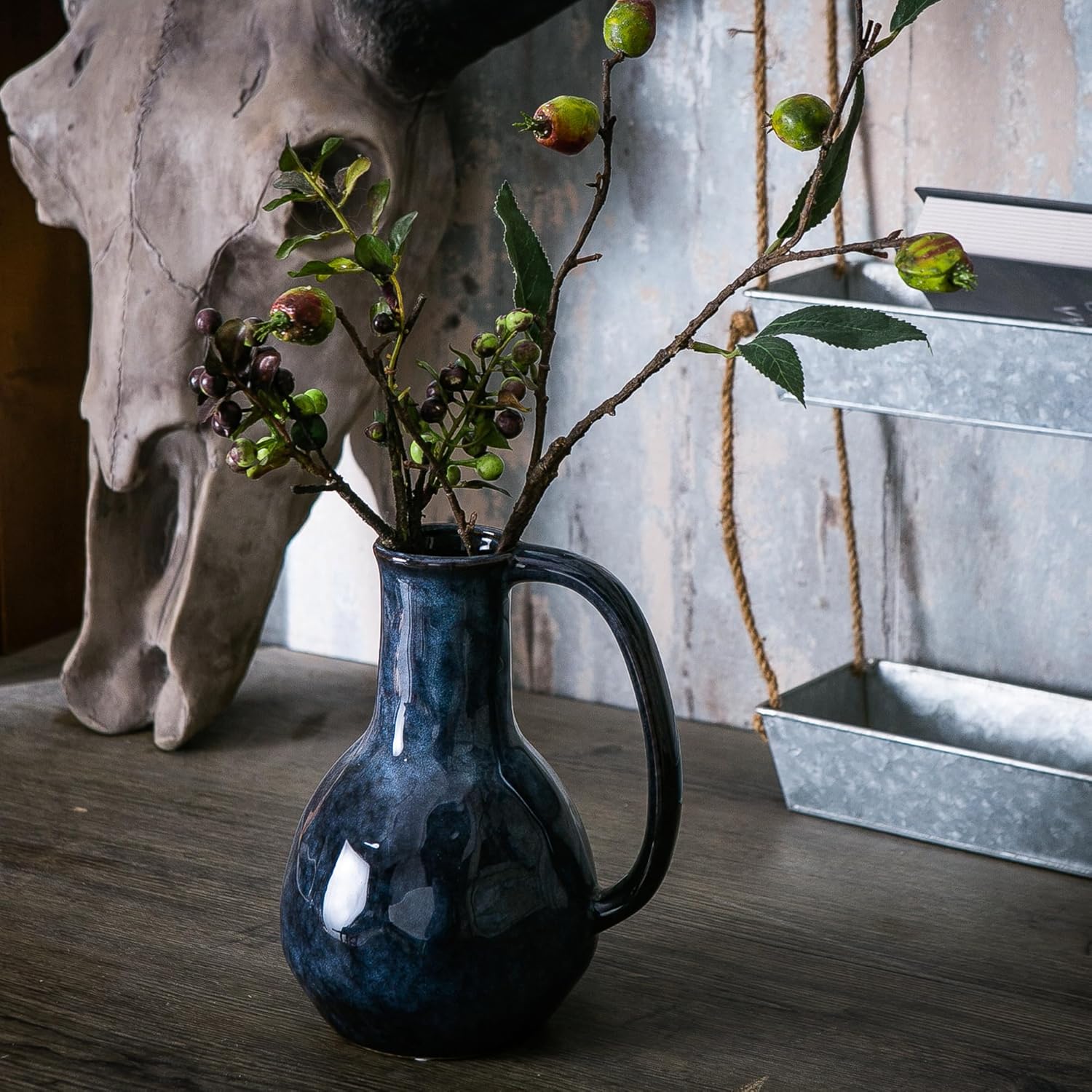 Blue Ceramic Vase with Big Handles Modern Farmhouse Decor