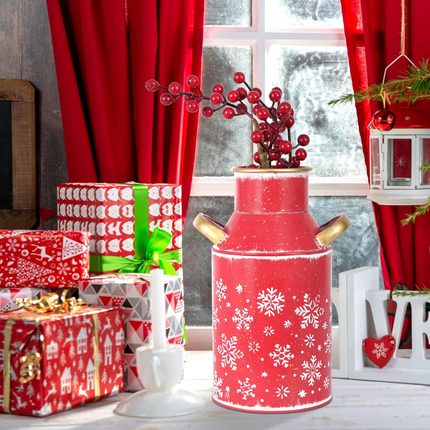 Galvanized Red Milk Can Christmas Decor Vase with Gold Handles
