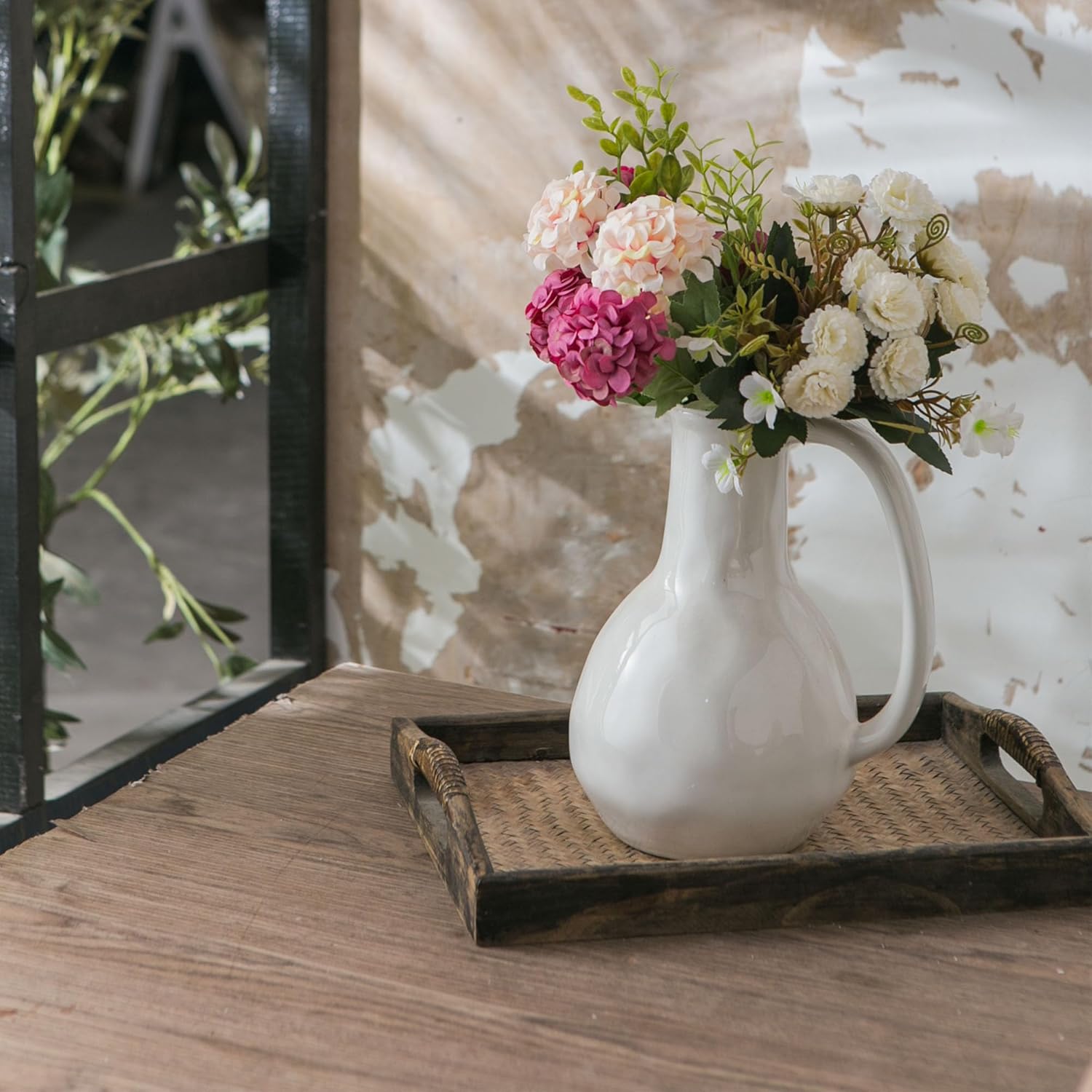 White Ceramic Vase with Big Handle and Rustic Design
