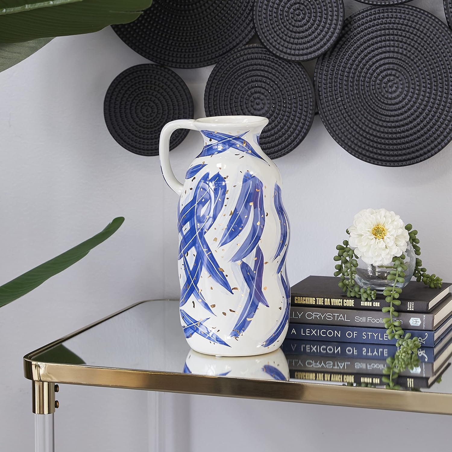 Deco 79 Ceramic Vase with Blue Leaf Design