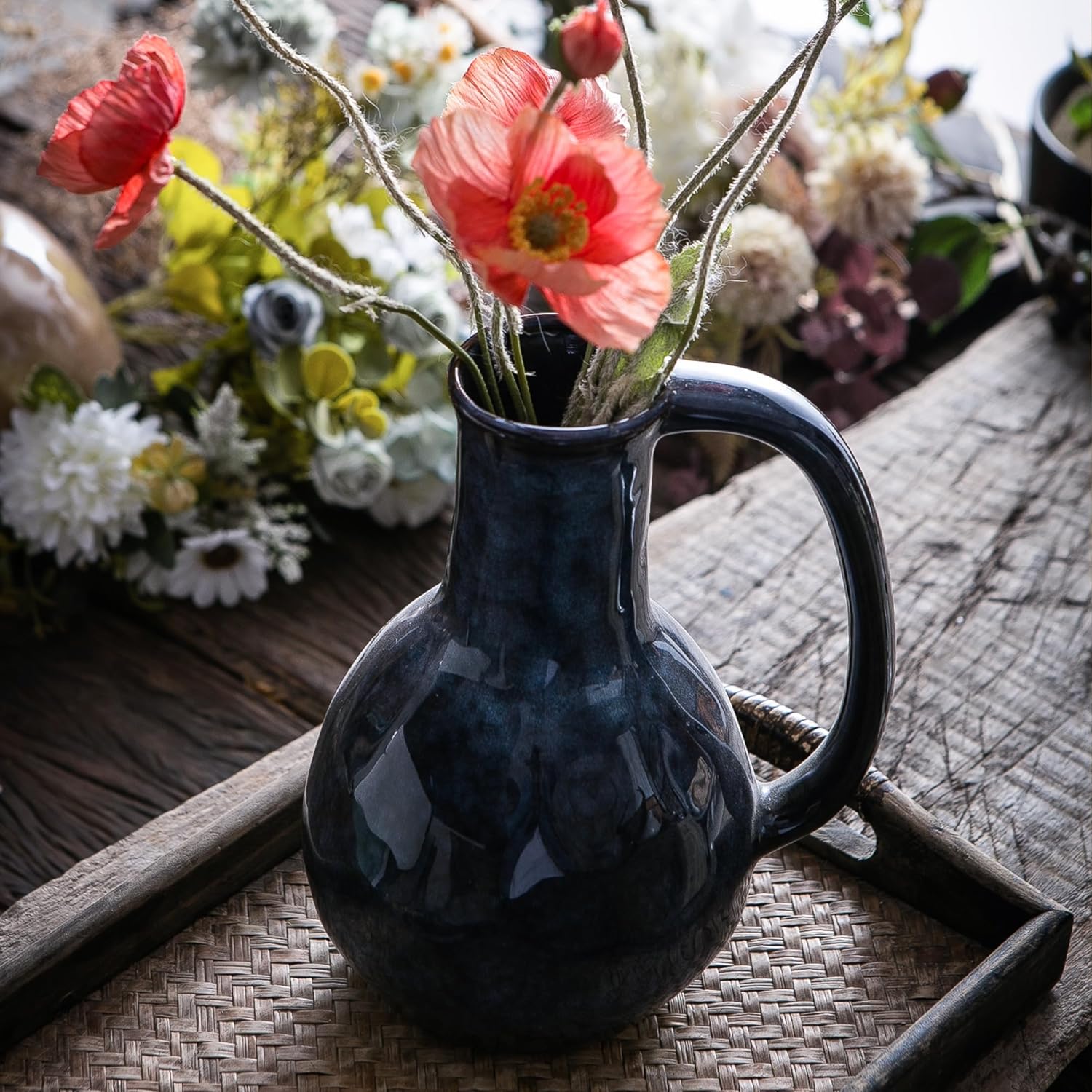 Blue Ceramic Vase with Big Handles Modern Farmhouse Decor