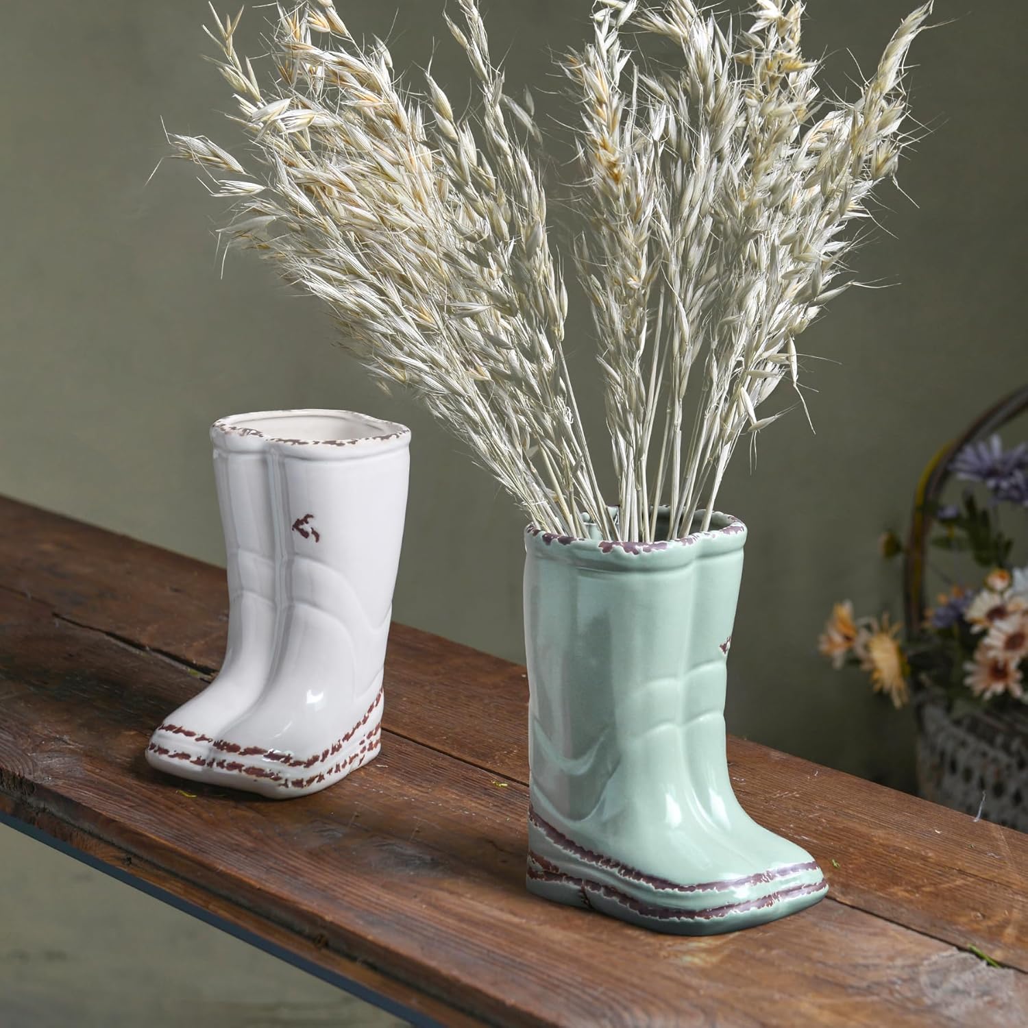 Quoowiit Vintage Boot Shaped Flower Vase Green Distressed Ceramic Decor