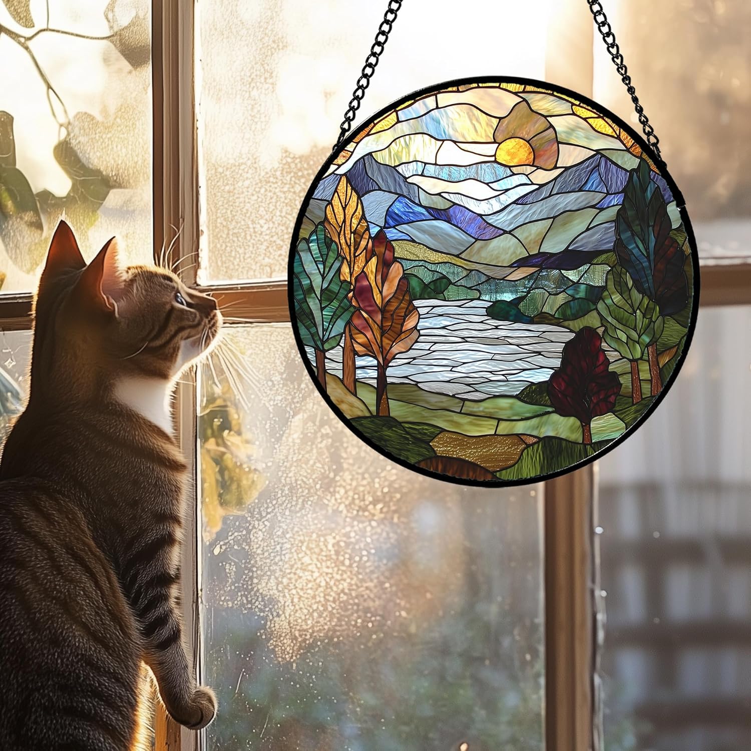 Stained Glass Window Hanging Blue Green Mountains Lake Landscape Suncatcher