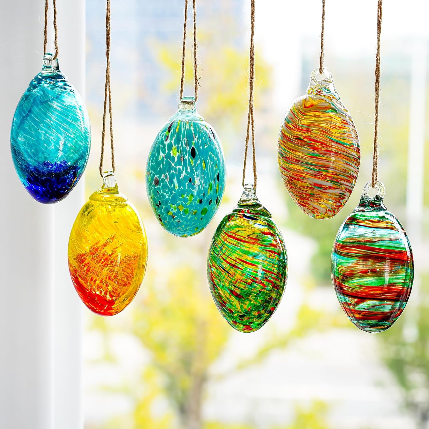 Set of 6 Hand Blown Glass Egg Ornaments for Home and Christmas Decor