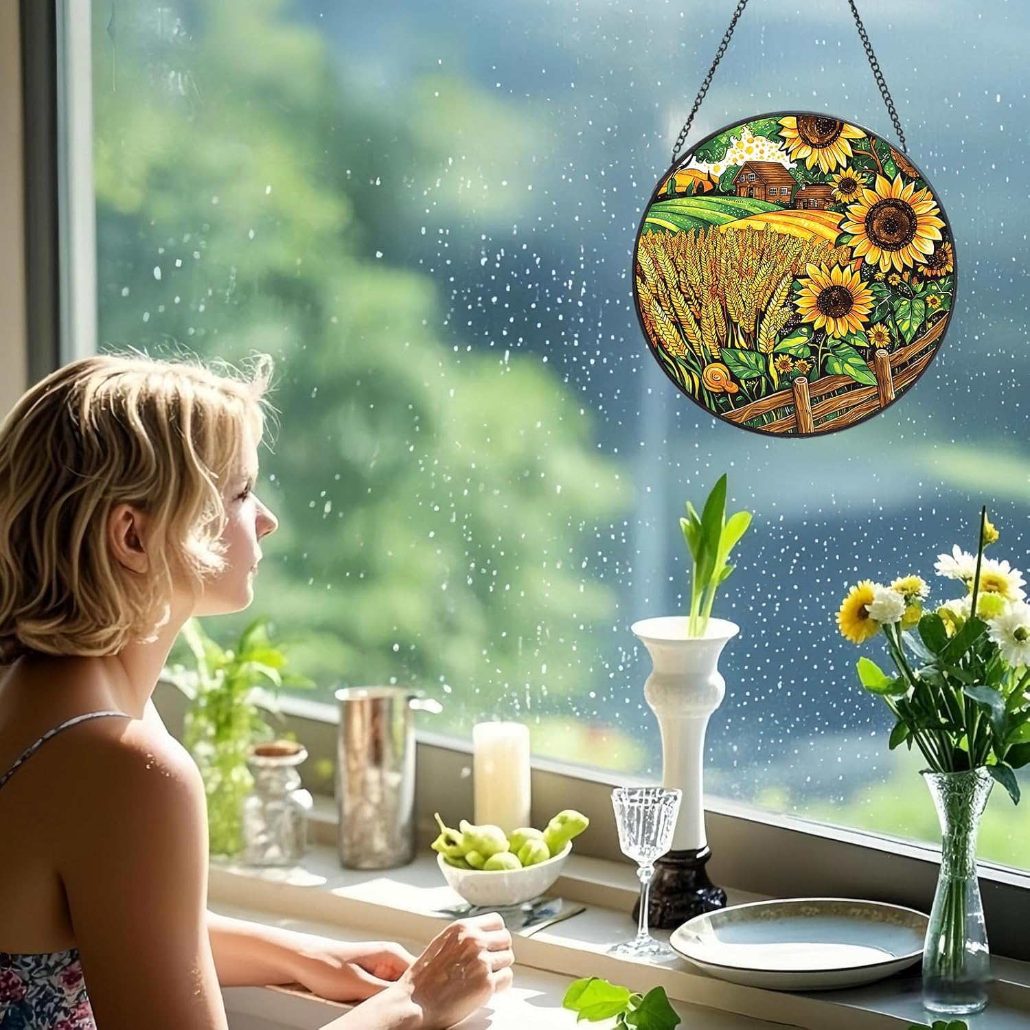 Stained Glass Window Suncatcher Farm Design