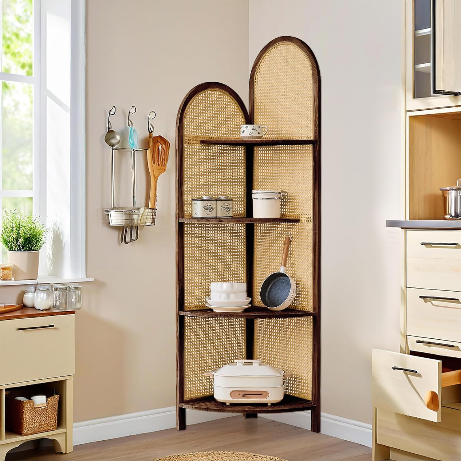 4 Tier Corner Shelf Dark Brown Rattan Bookshelf with Legs