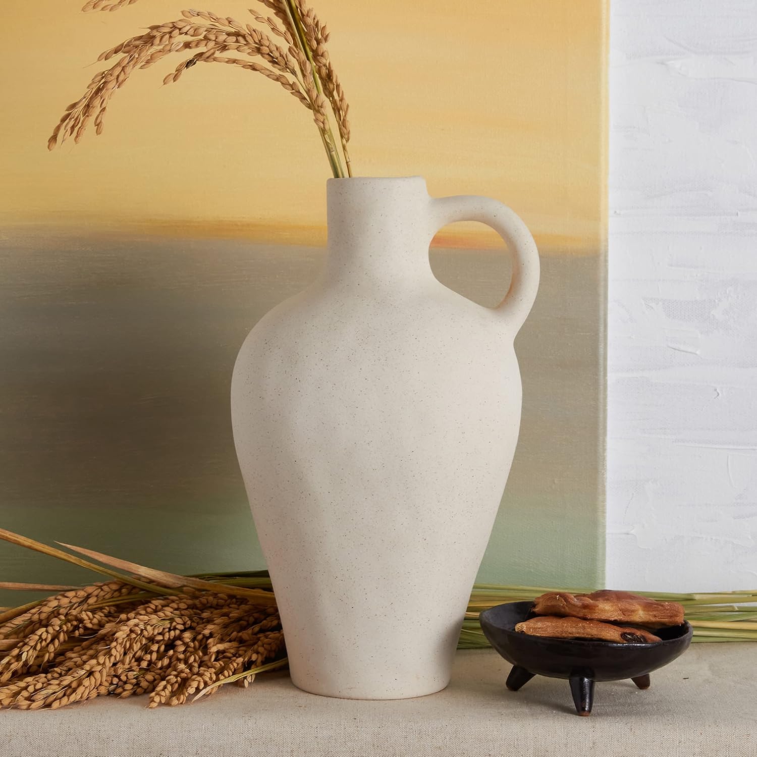 Blossome Antique Ceramic White Vase with Handle 10 Inches
