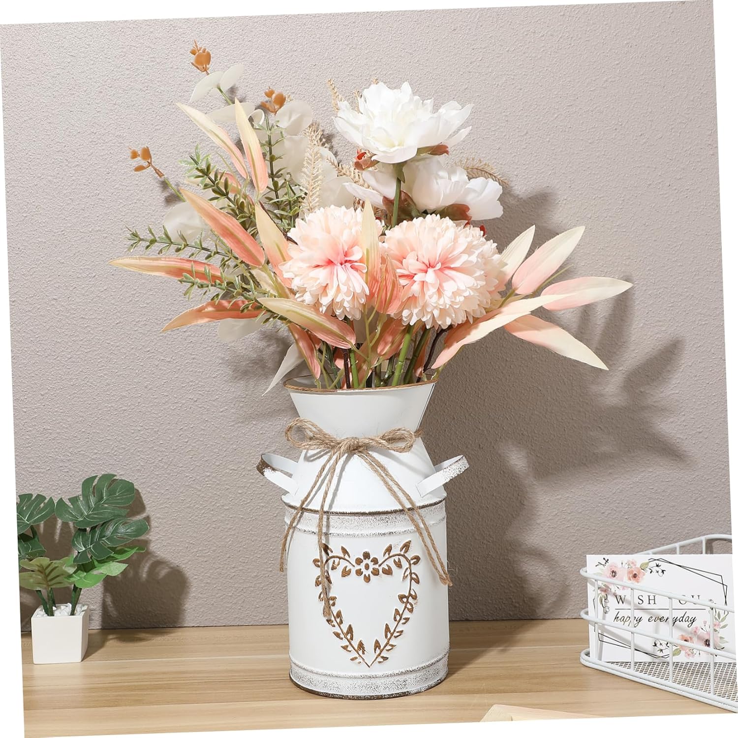 HOMSFOU Heart-Shaped Galvanized Flower Vase with Handle
