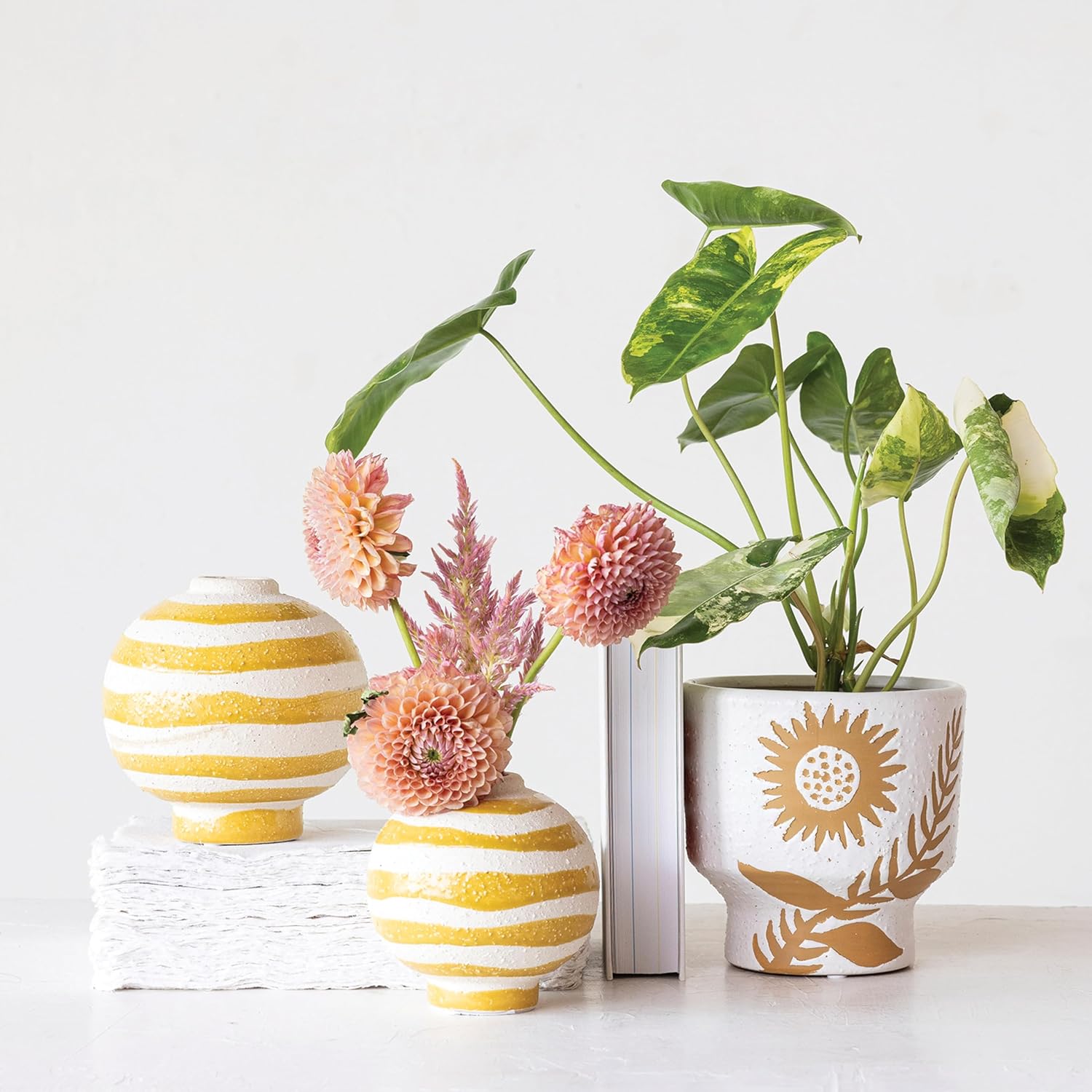 Creative Co Op Striped Stoneware Vase with Sphere Shape and Footed Base