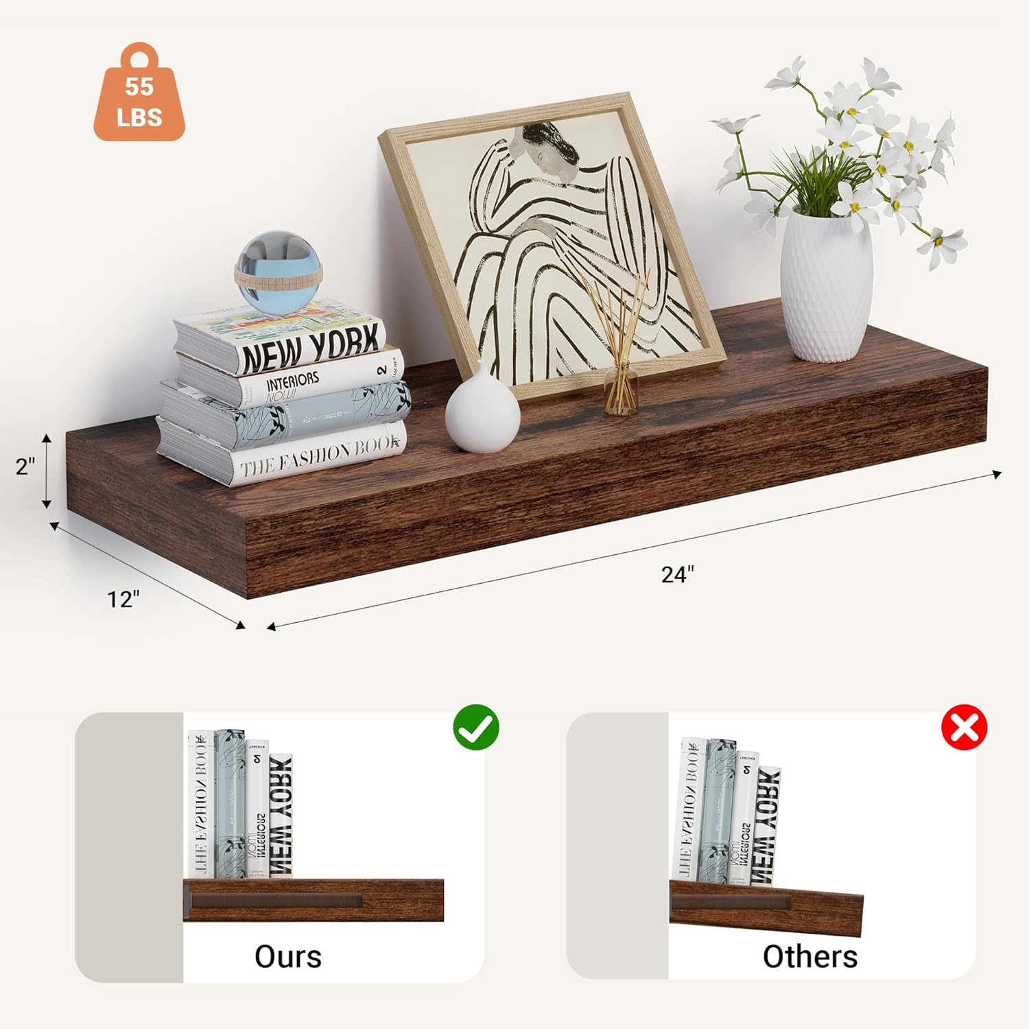 24 x 12 Inch Deep Floating Shelves Wall Mounted with Invisible Brackets