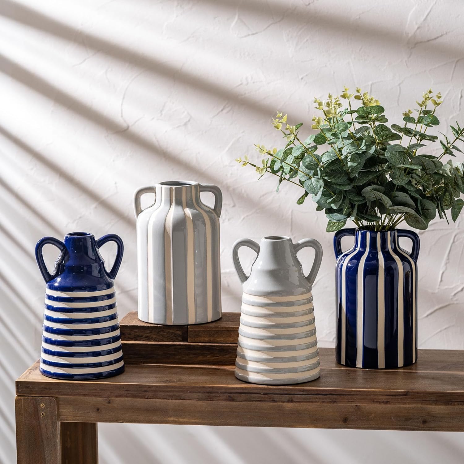 Ceramic Blue and White Striped Vase with Handles