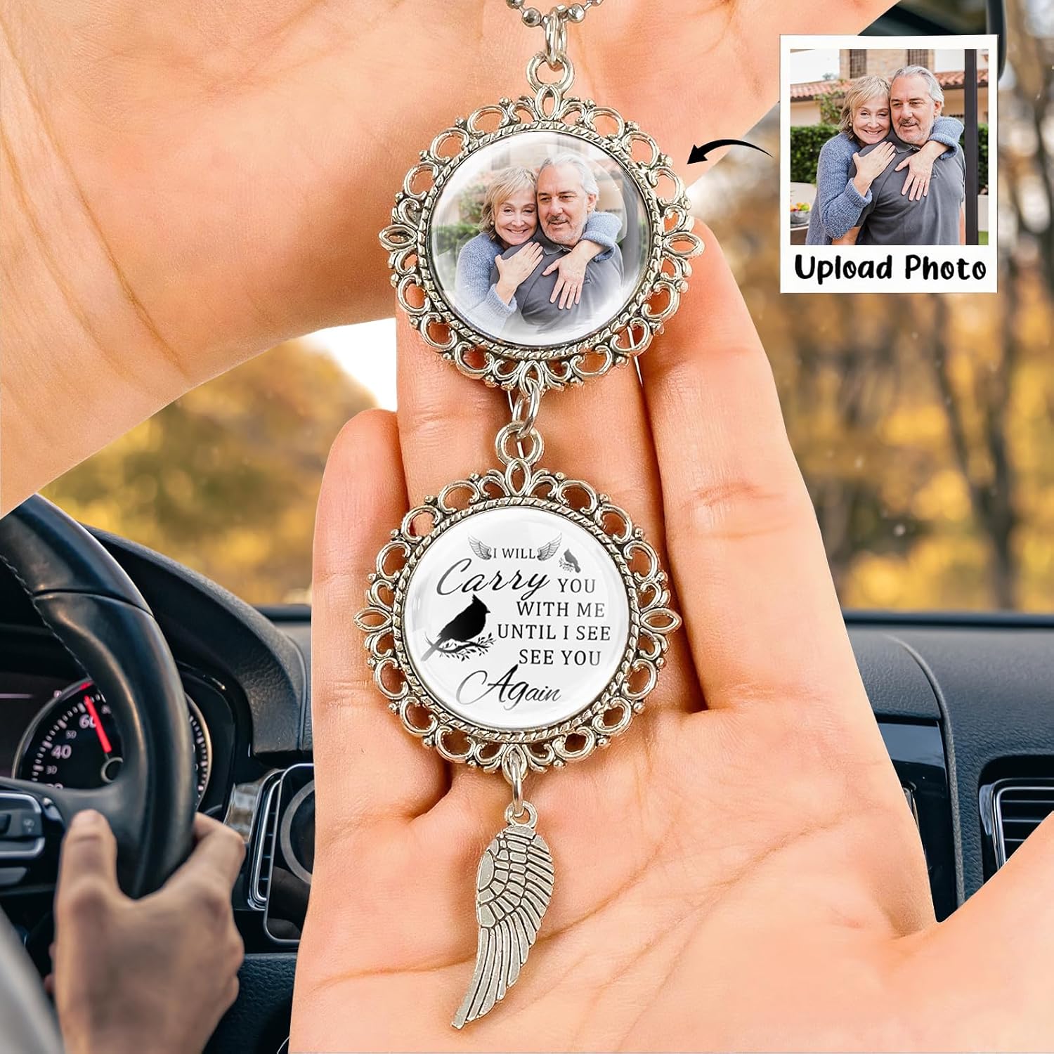 Personalized Angel Wing Car Charm - Custom Photo Text Memorial Gift