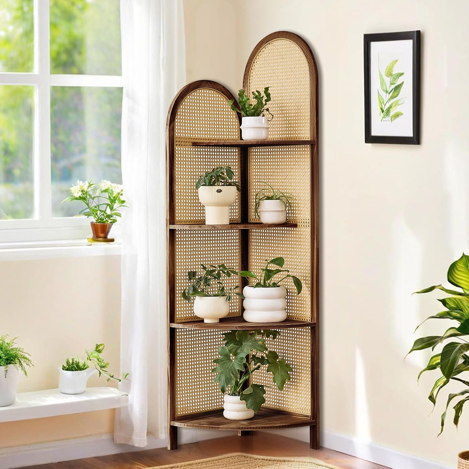 4 Tier Corner Shelf Dark Brown Rattan Bookshelf with Legs