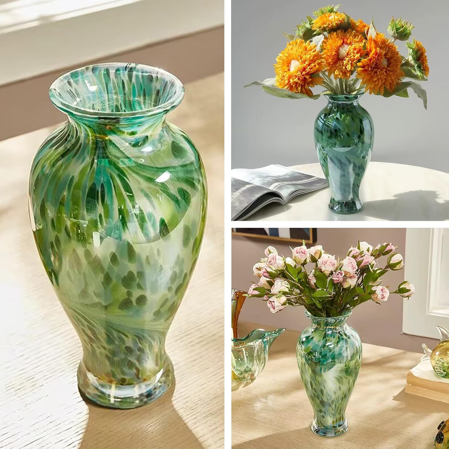 Hand Blown Green Classic Vase for Home Decor