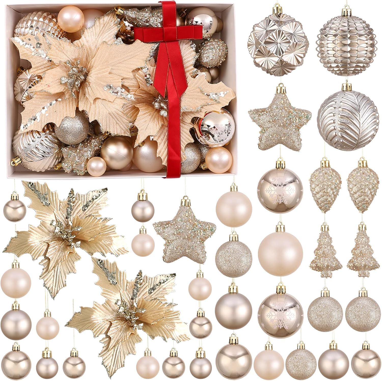 54Pcs Assorted Champagne Gold Xmas Tree Balls Ornaments Set
