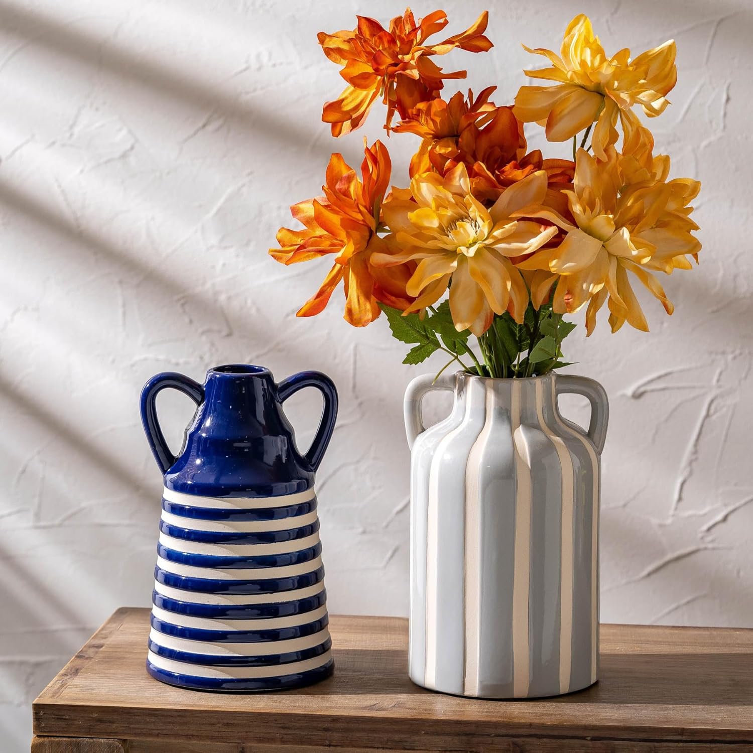 Ceramic Blue and White Striped Vase with Handles