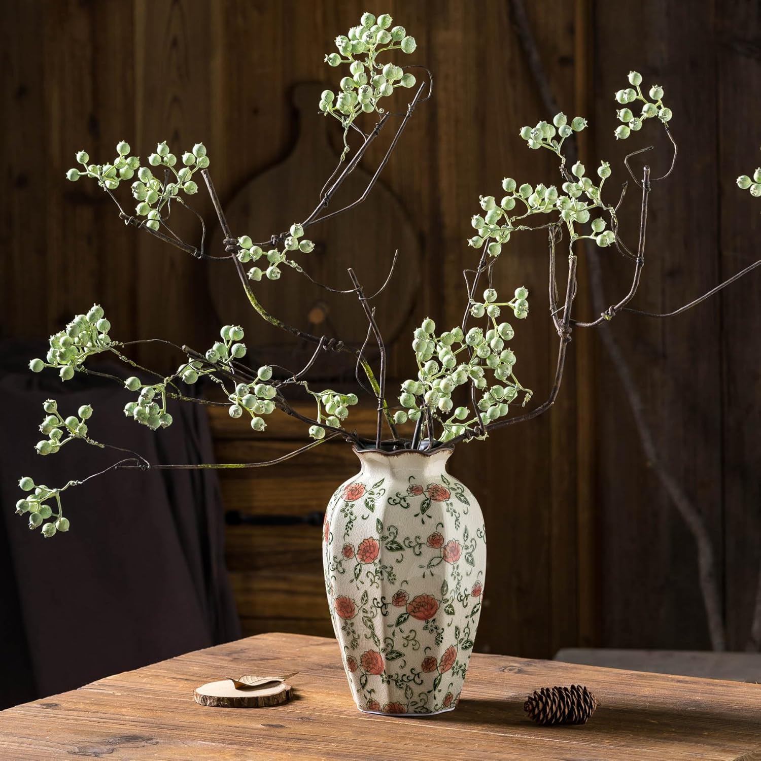 Green And Beige Vintage Octagonal Flower Vase
