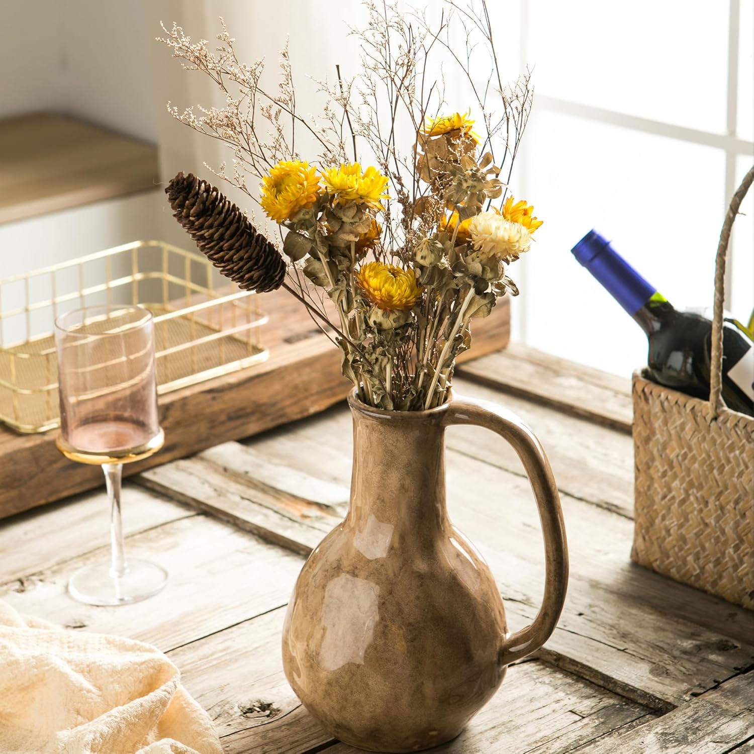 Brown Ceramic Vase with Big Handles Modern Farmhouse Decor