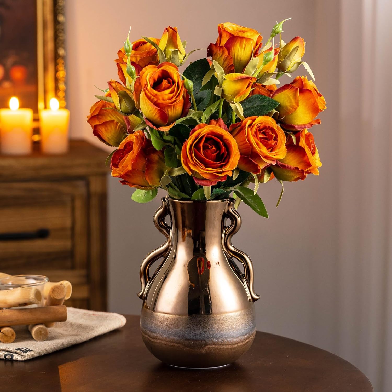Gold Ceramic Vase with Handles 73 Inch Tall