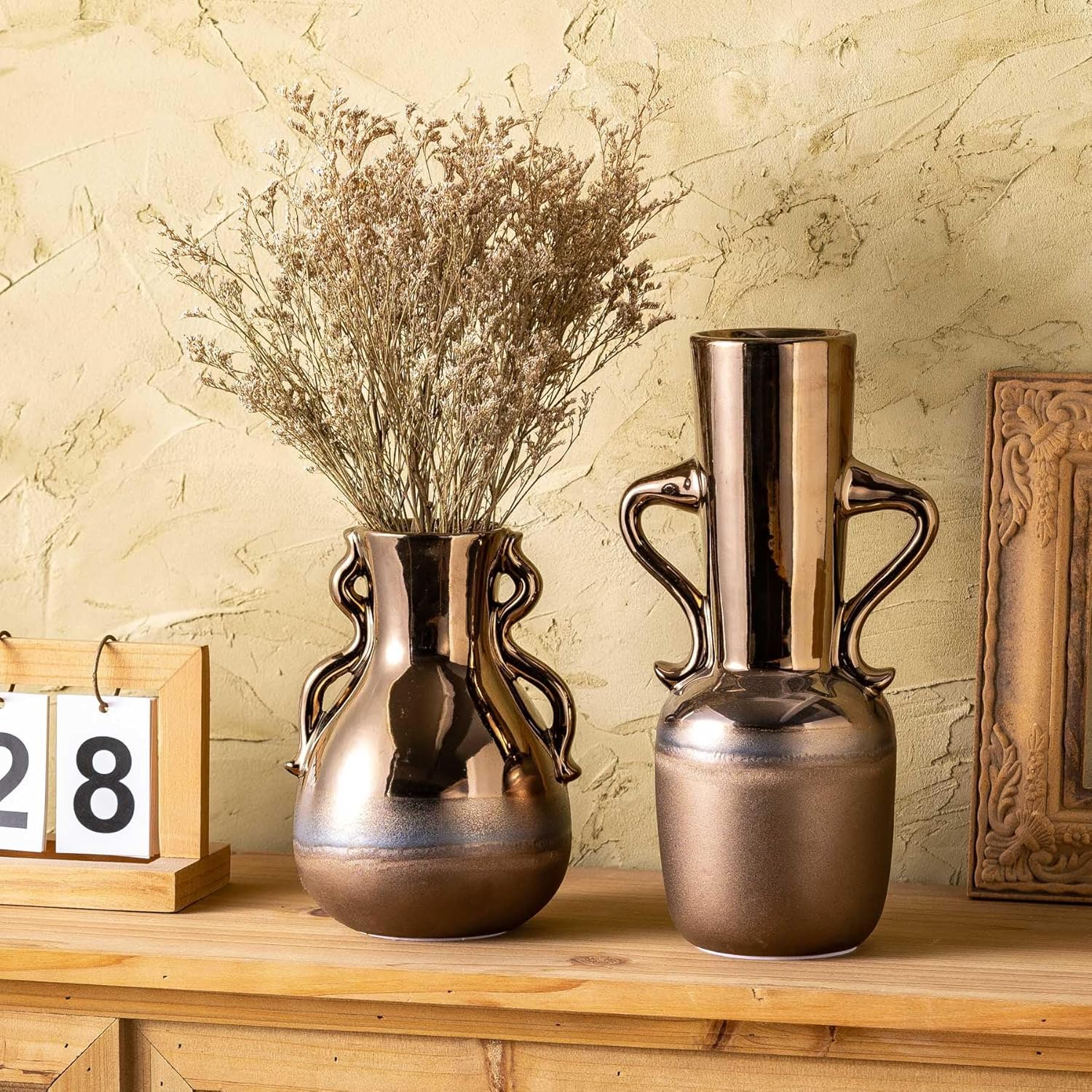 Gold Ceramic Vase with Handles 11 Inch