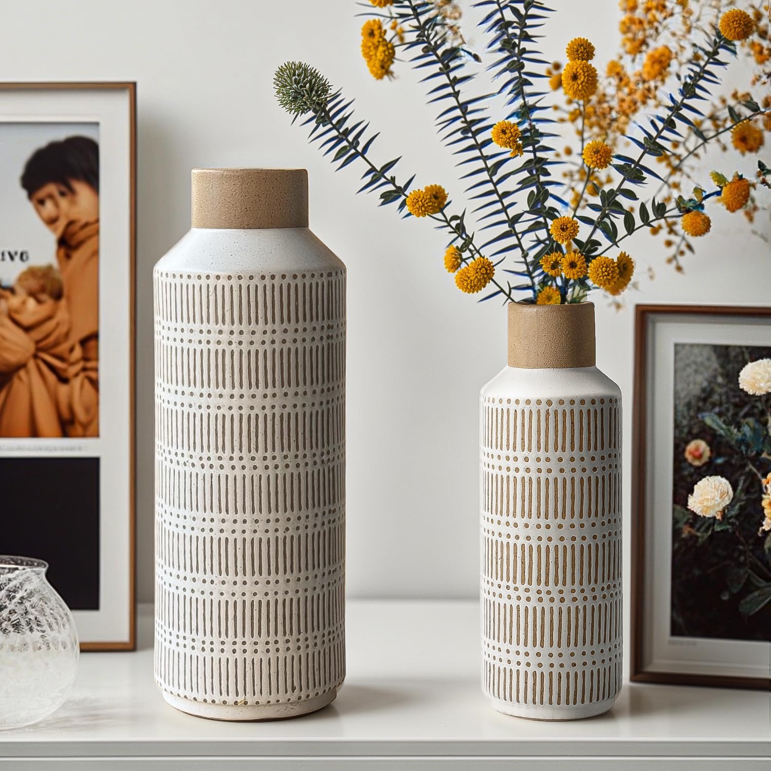 LIZOFER Rustic Ceramic Vase Set of 2 for Living Room Bedroom Farmhouse Decor