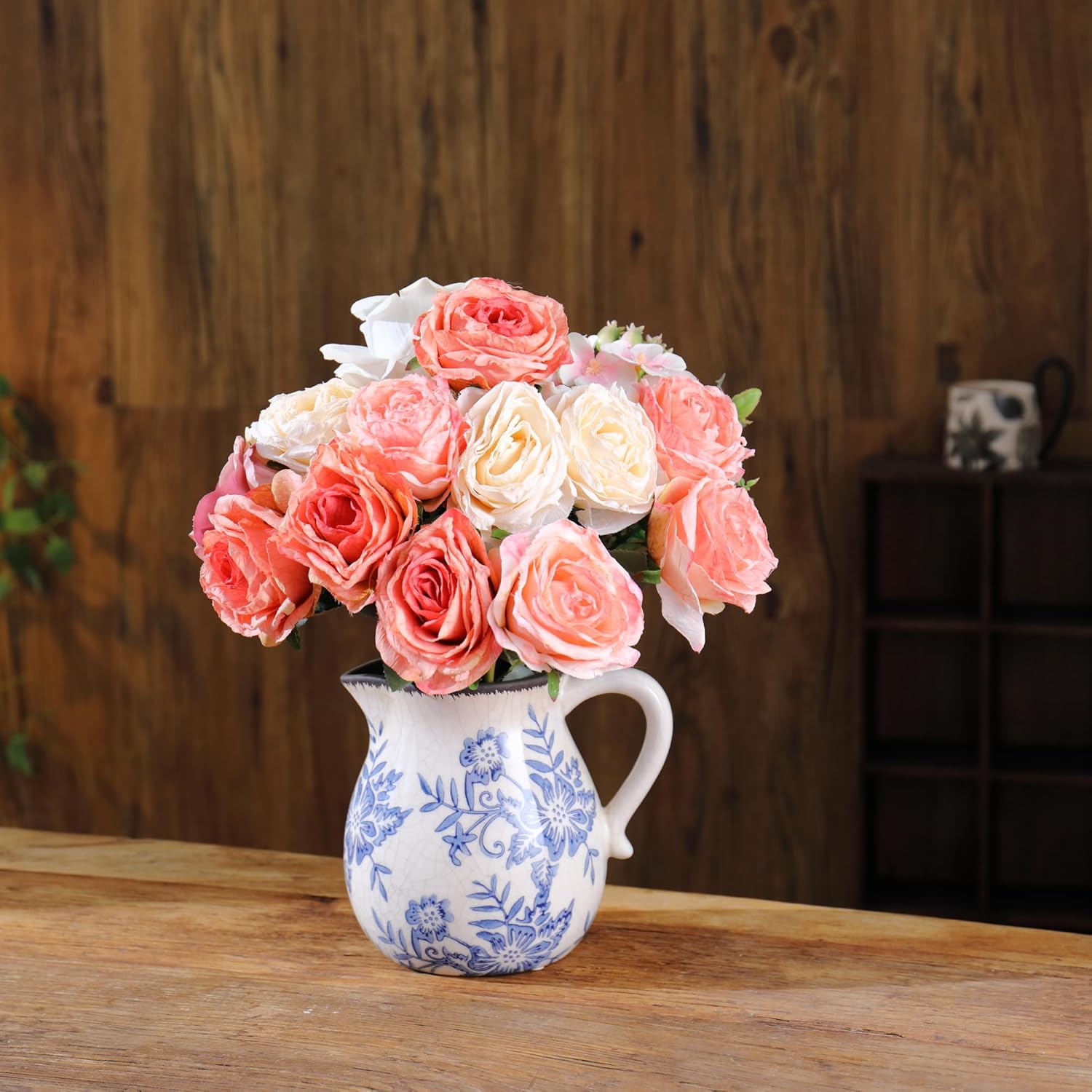 Vintage Flower Vase with Handle Blue and White Ceramic