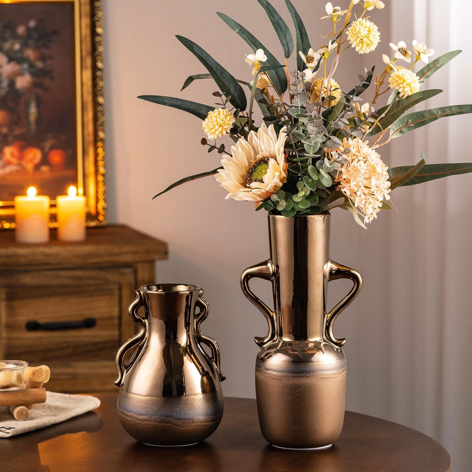 Gold Ceramic Vase with Handles 11 Inch
