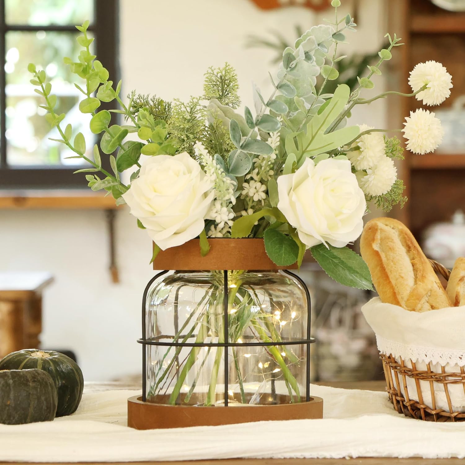 Farmhouse Vase with Artificial Flowers and Fairy Lights