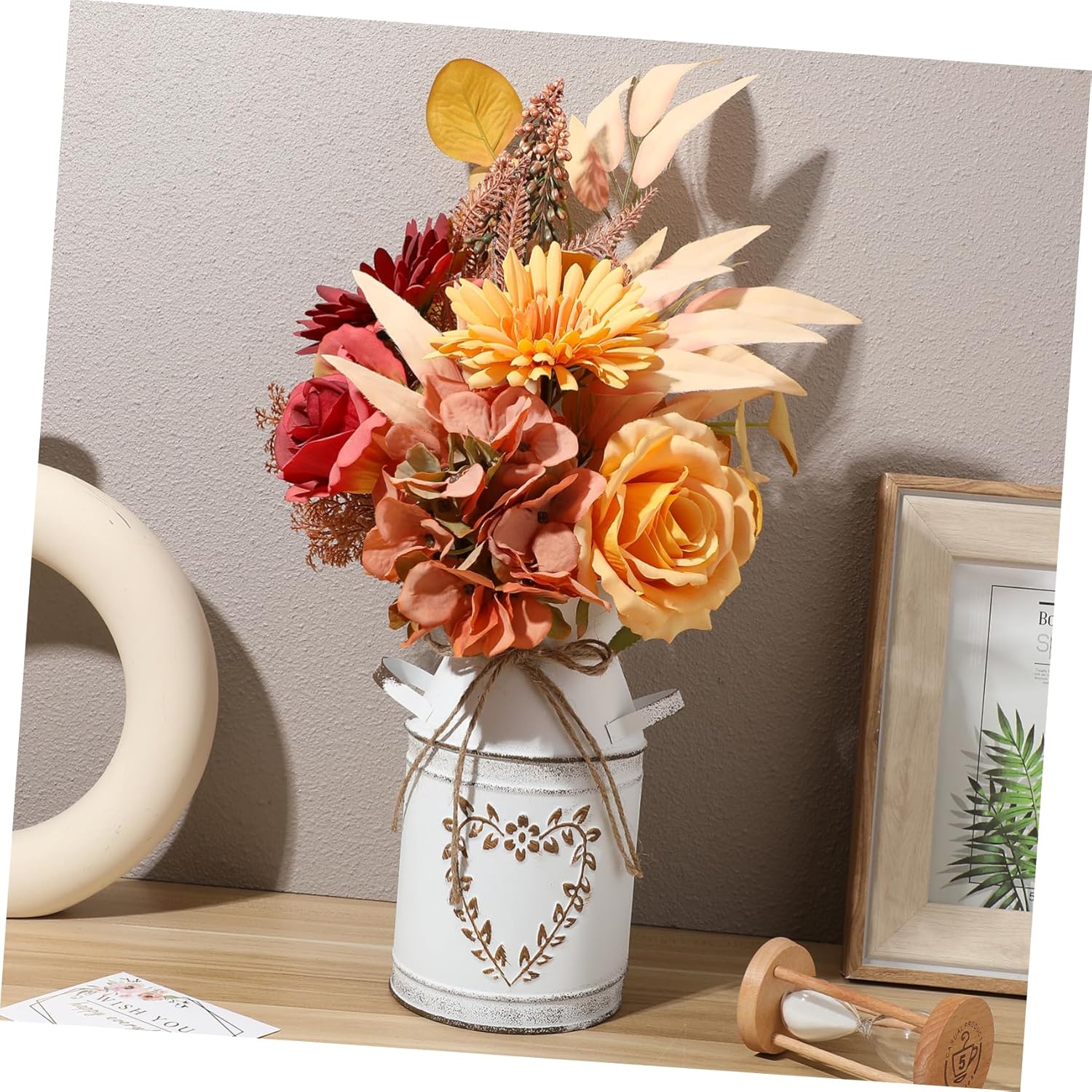 HOMSFOU Heart-Shaped Galvanized Flower Vase with Handle
