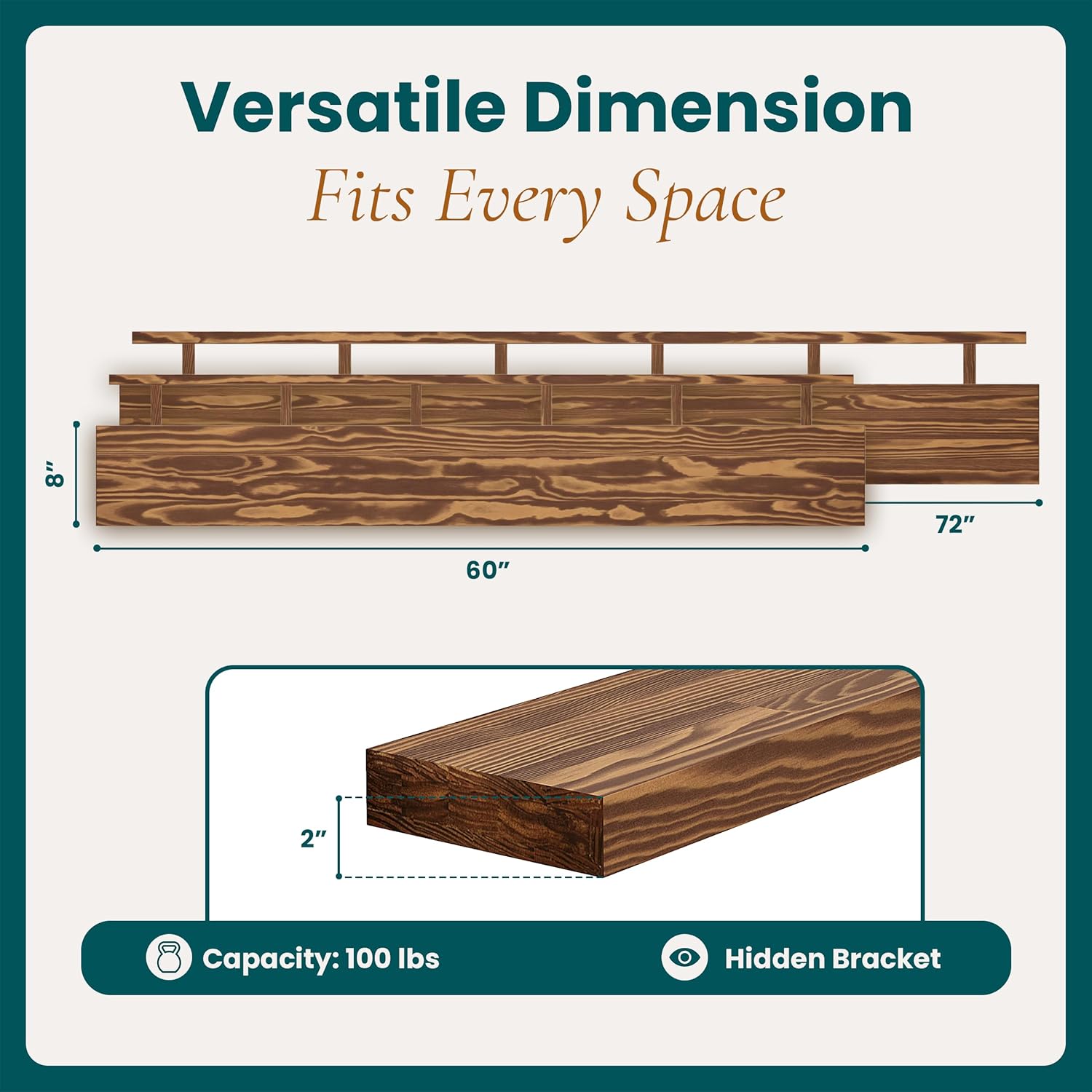 Howizz 60 Inch Pine Wood Floating Shelf for Wall