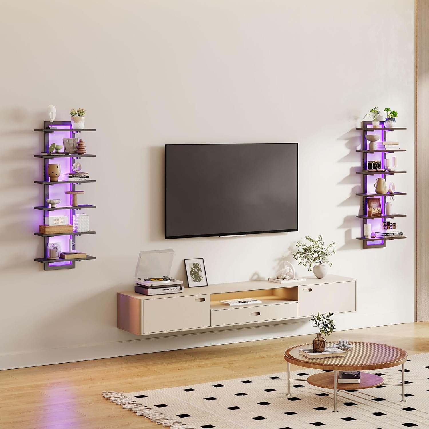 6 Tier Wall Shelf with LED Light Black Floating Shelf Unit for Home Decor and Storage