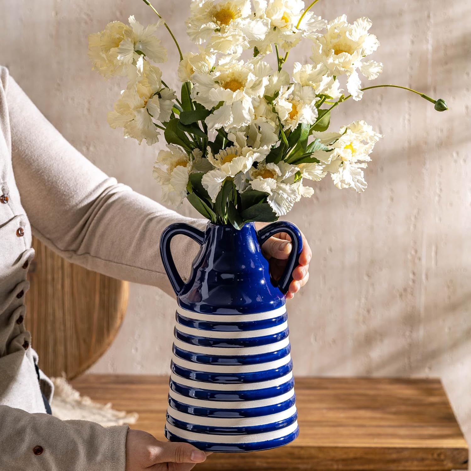 Ceramic Blue and White Striped Vase with Handles