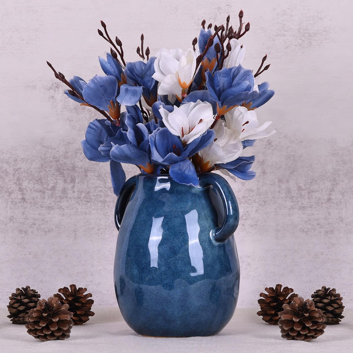 Blue Ceramic Vase with 2 Handles Modern Farmhouse Decor