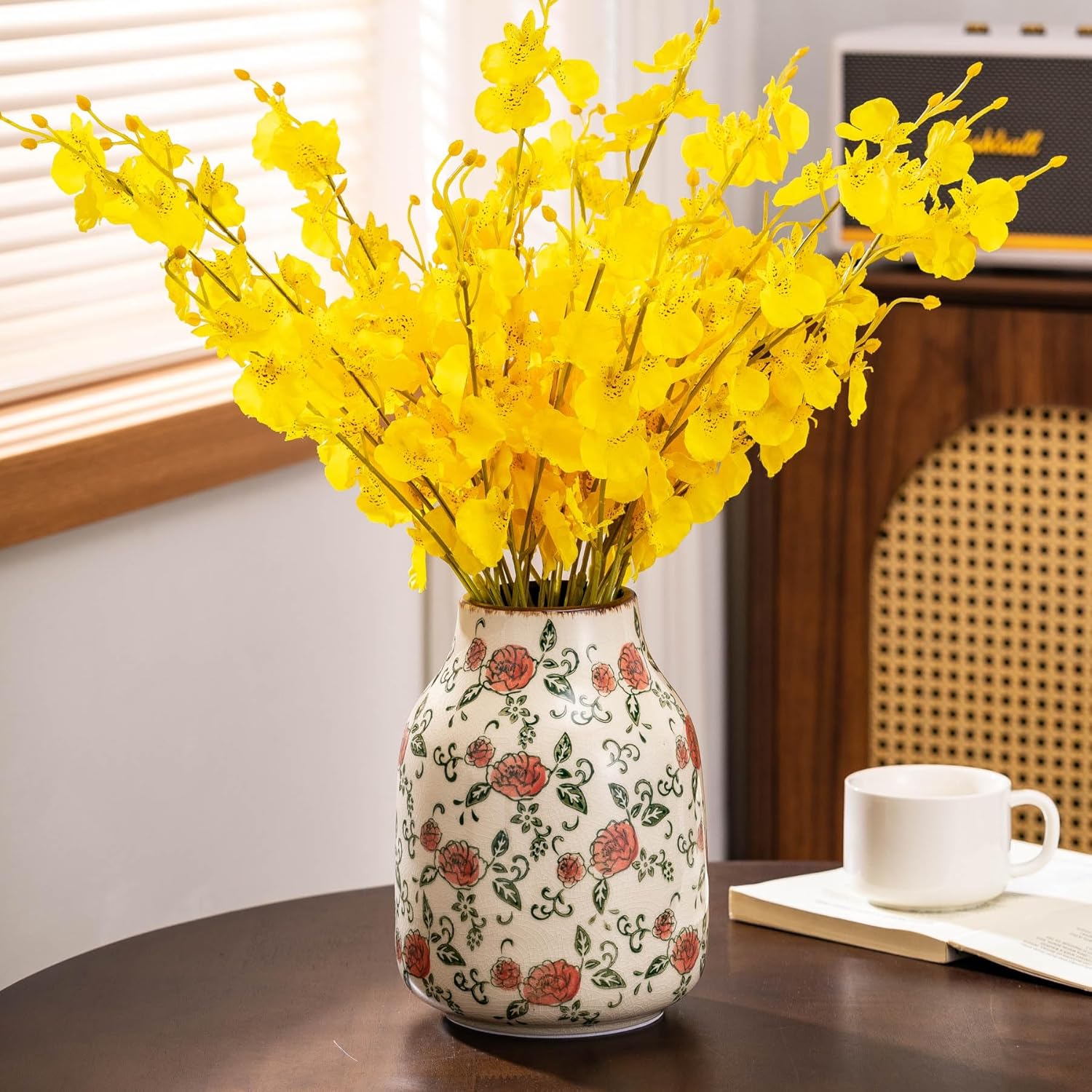 Green and Beige Vintage Round Ceramic Vase with Red Roses