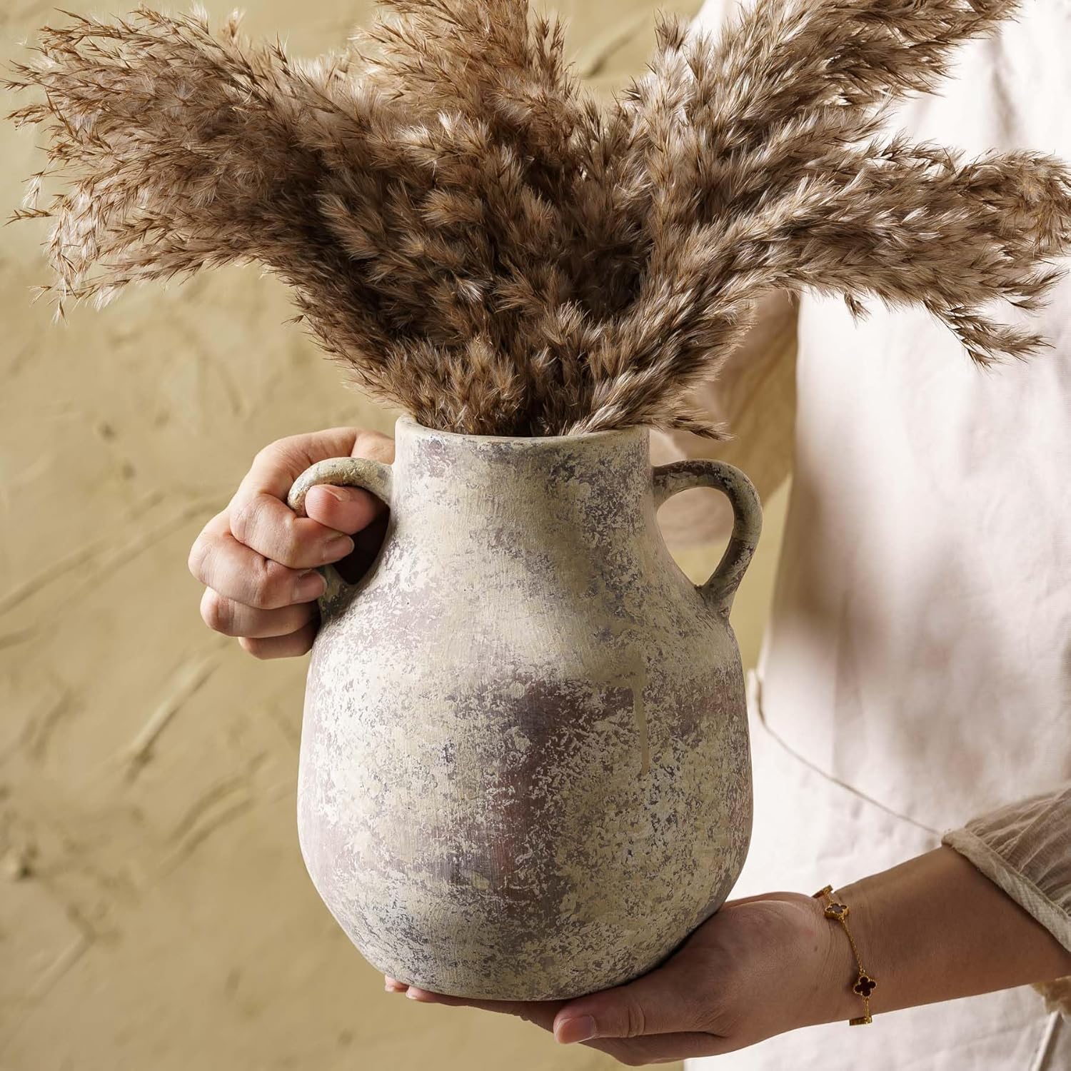 Rustic Ceramic Farmhouse Flower Vase with 2 Handles
