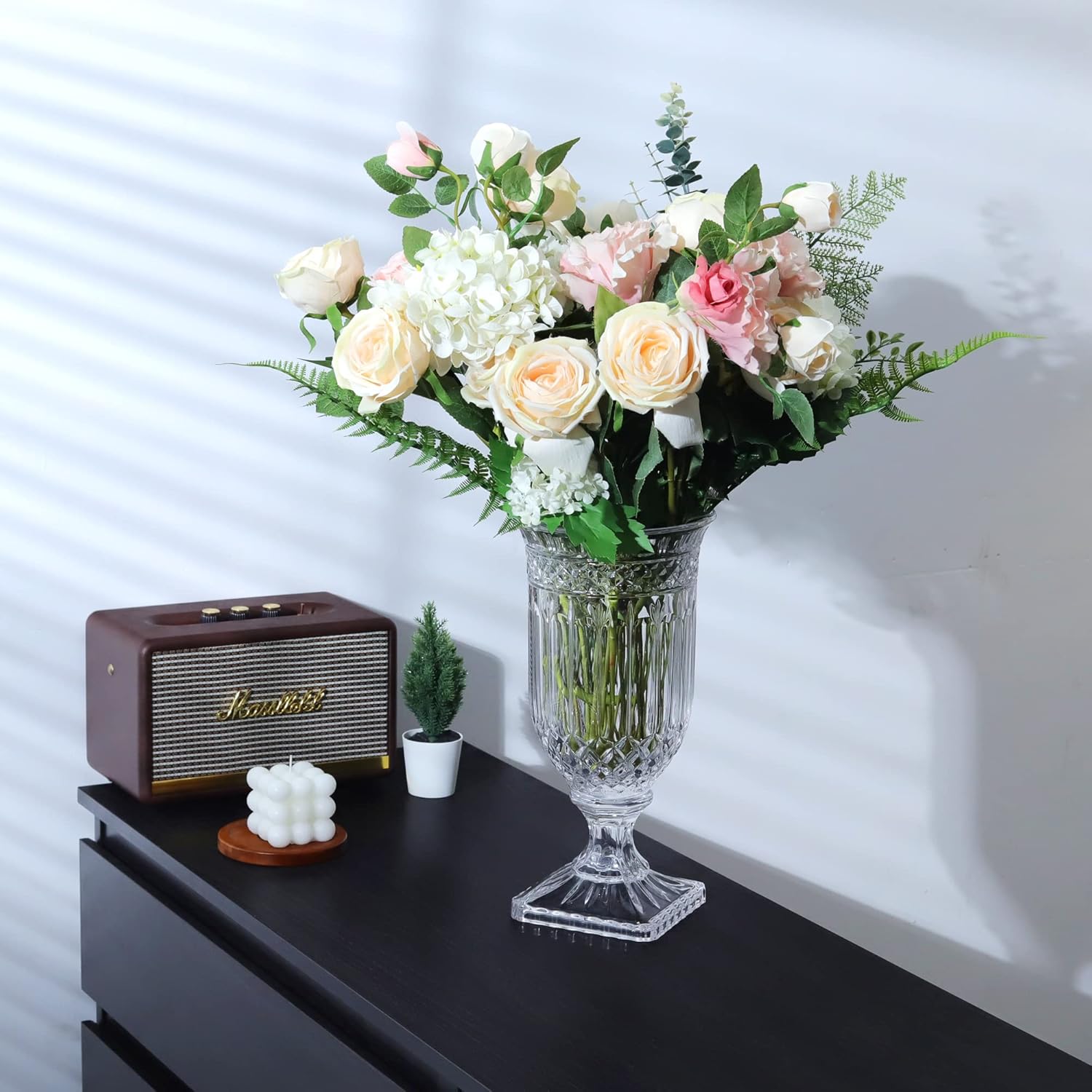 Joeyan 13 Inch Tall Glass Urn Vase with Ripple Diamond Pattern